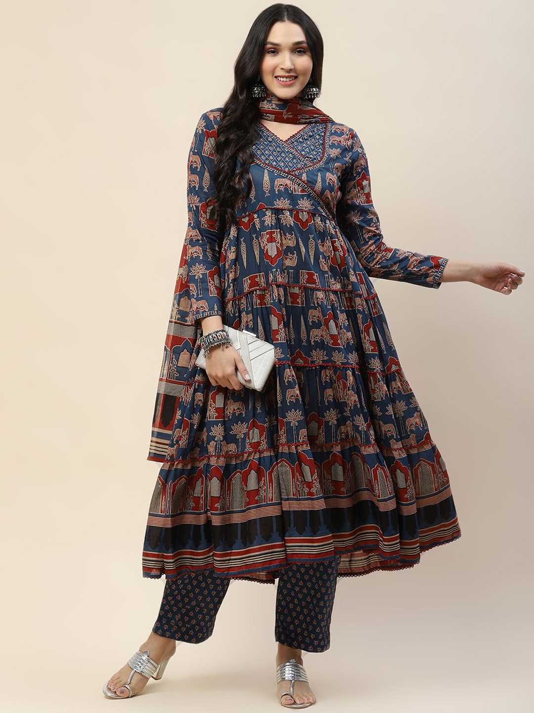 

Meena Bazaar Ethnic Motifs Printed Kurta with Trousers & Dupatta, Blue