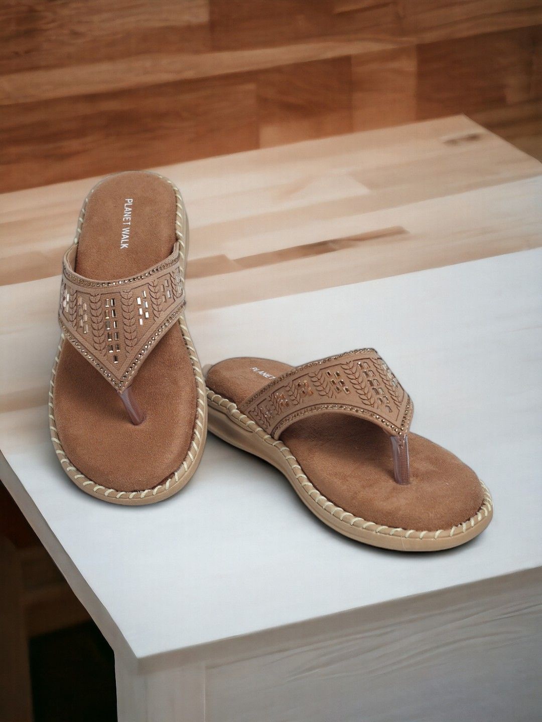 

PLANET WALK Women Embellished T-Strap Flats, Brown