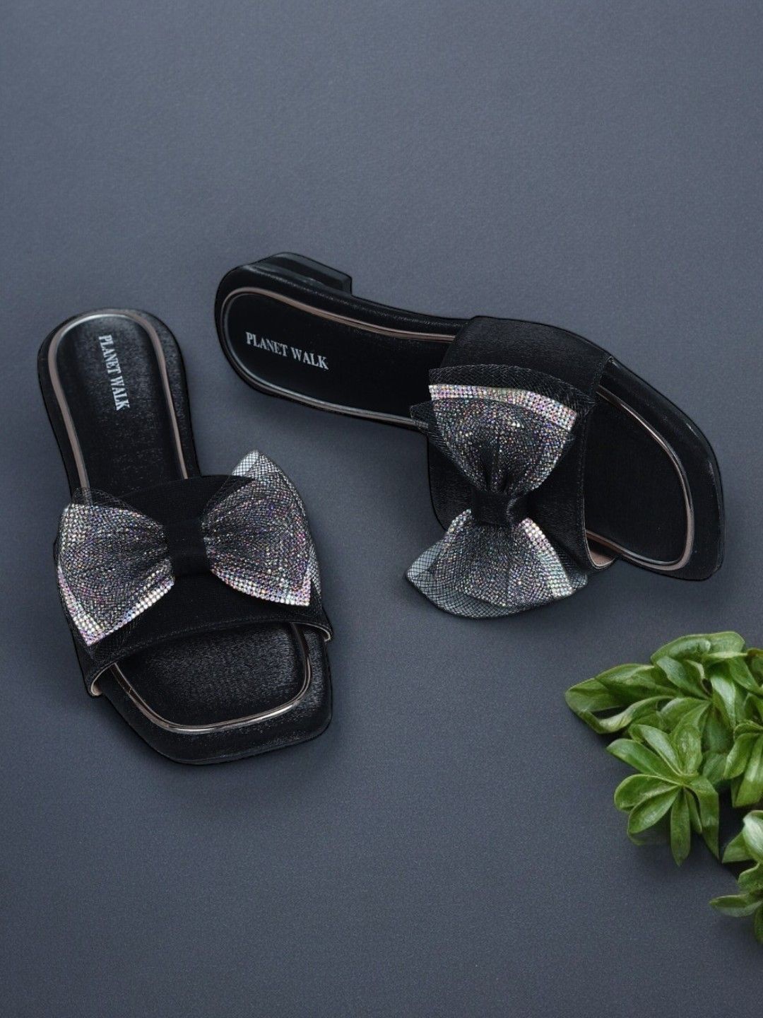 

PLANET WALK Women Embellished Party Open Toe Flats with Bows, Black
