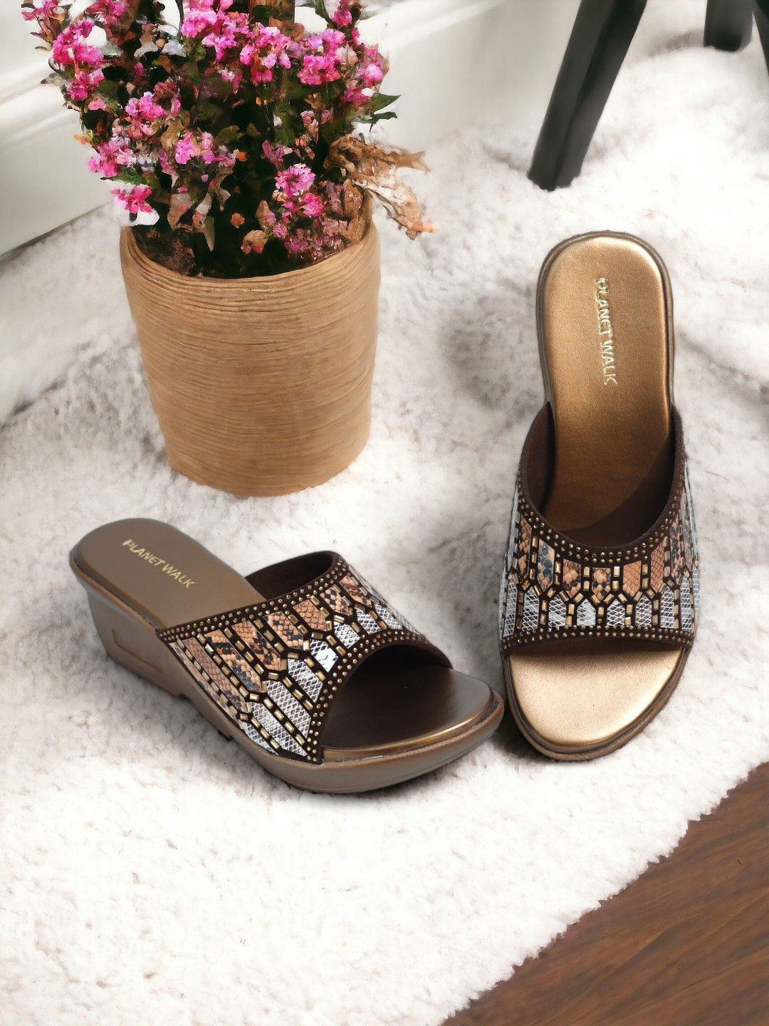 

PLANET WALK Embellished Suede Party Platform Sandals, Copper