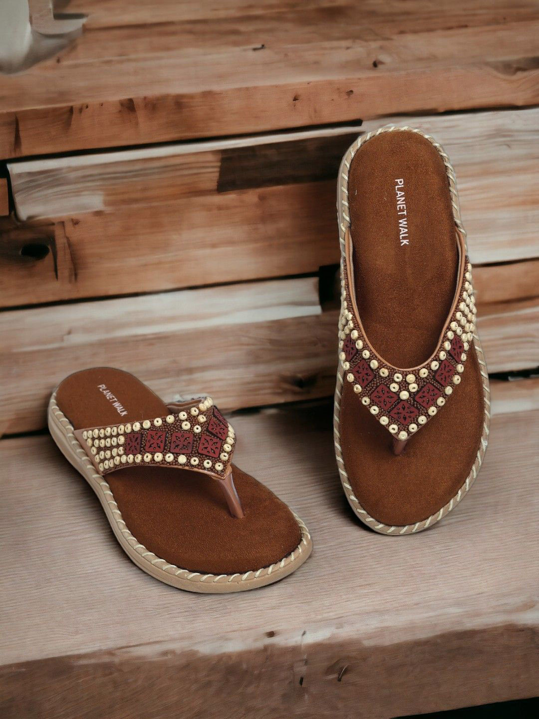 

PLANET WALK Women Embellished T-Strap Flats, Brown