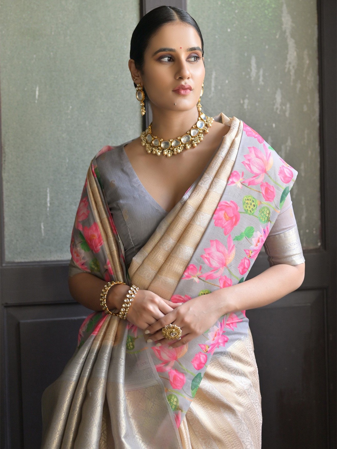 

NK Textiles Zari Woven Floral Border Kanjeevaram Saree, Cream