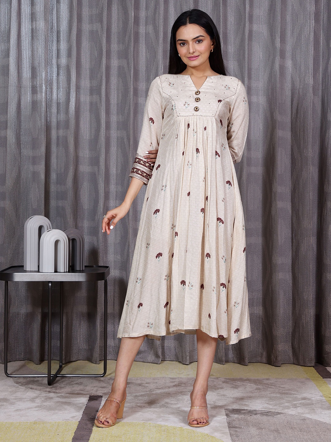 

SUKRUTI DESIGN Floral A-Line Midi Dress, Beige