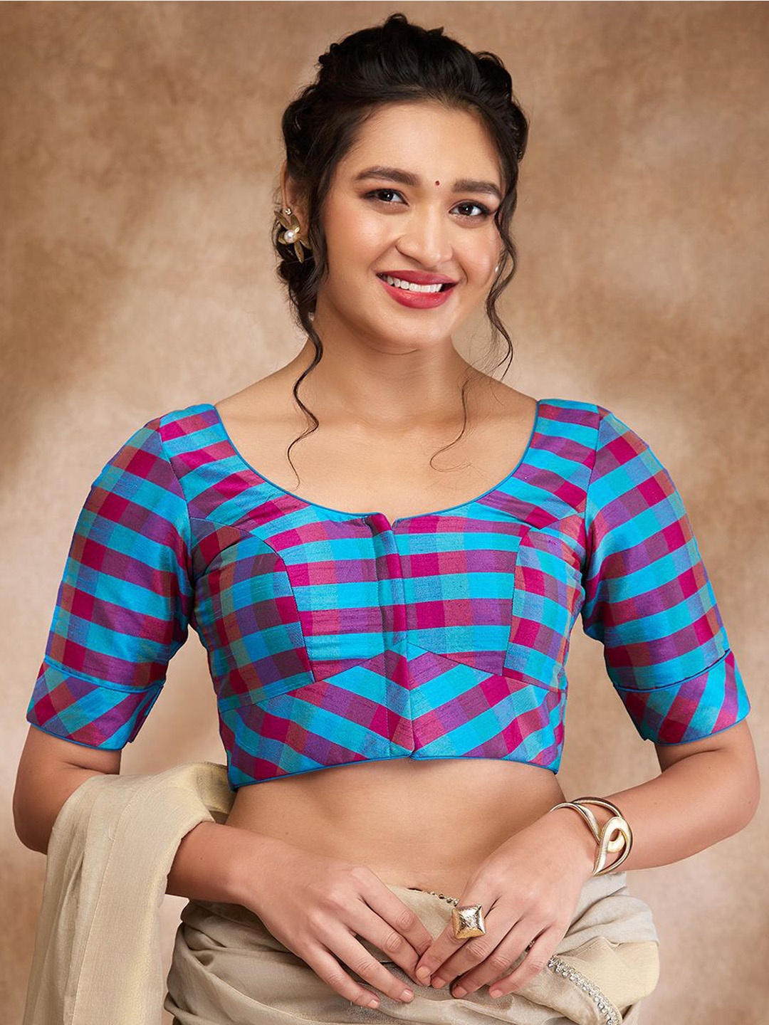 

SALWAR STUDIO Checked Padded Saree Blouse, Blue