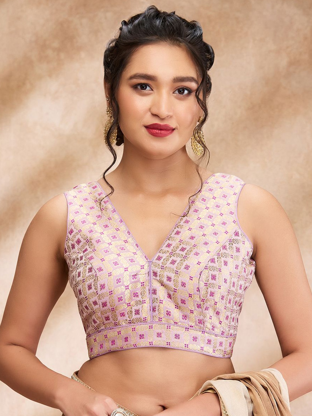 

SALWAR STUDIO Woven Design V Neck Padded Saree Blouse With Attached Sleeves, Pink