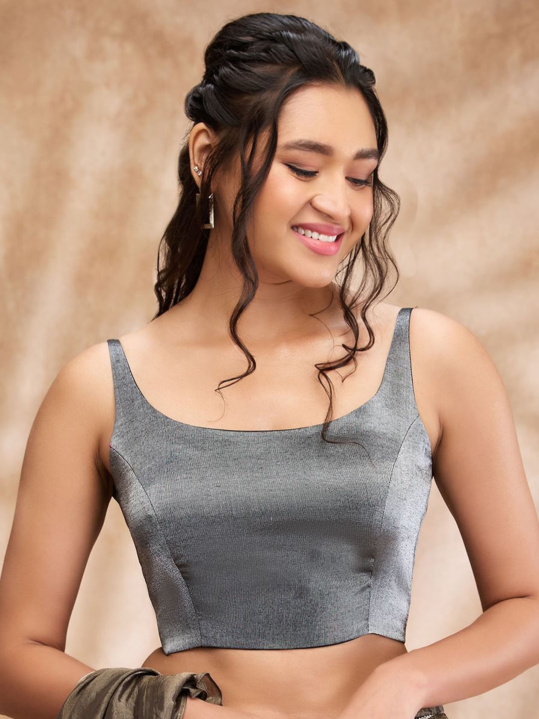 

SALWAR STUDIO Shimmer Padded Saree Blouse, Grey