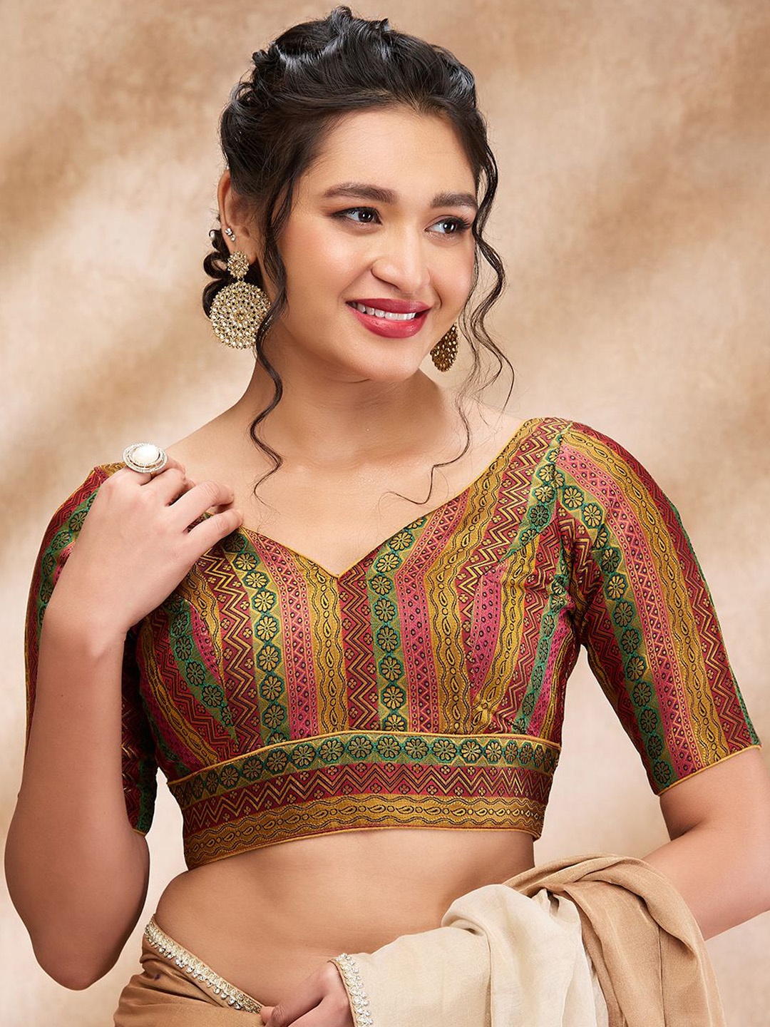 

SALWAR STUDIO Woven Design Padded Saree Blouse, Maroon