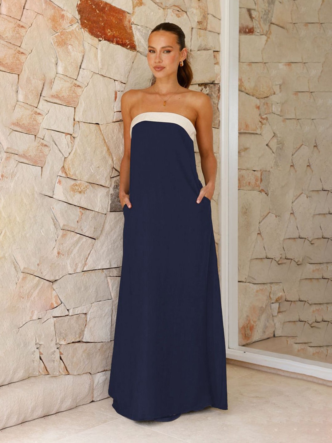 

Marie Claire Off-Shoulder Maxi A-Line Dress, Navy blue