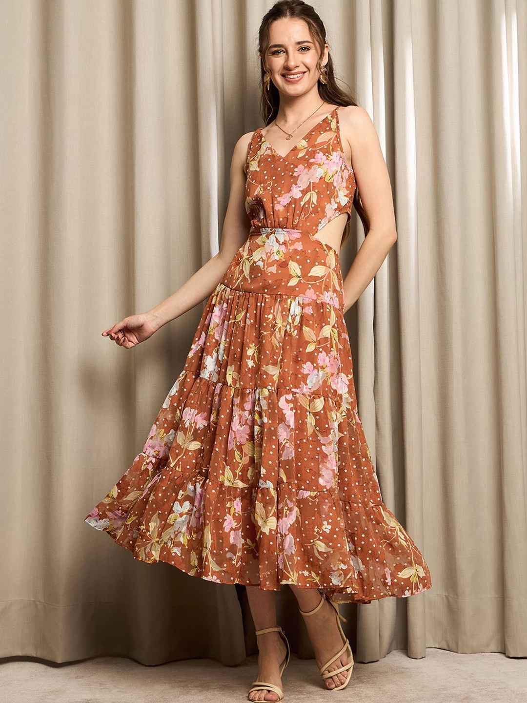 

Marie Claire Floral Print Cut outs Georgette Maxi Dress, Brown