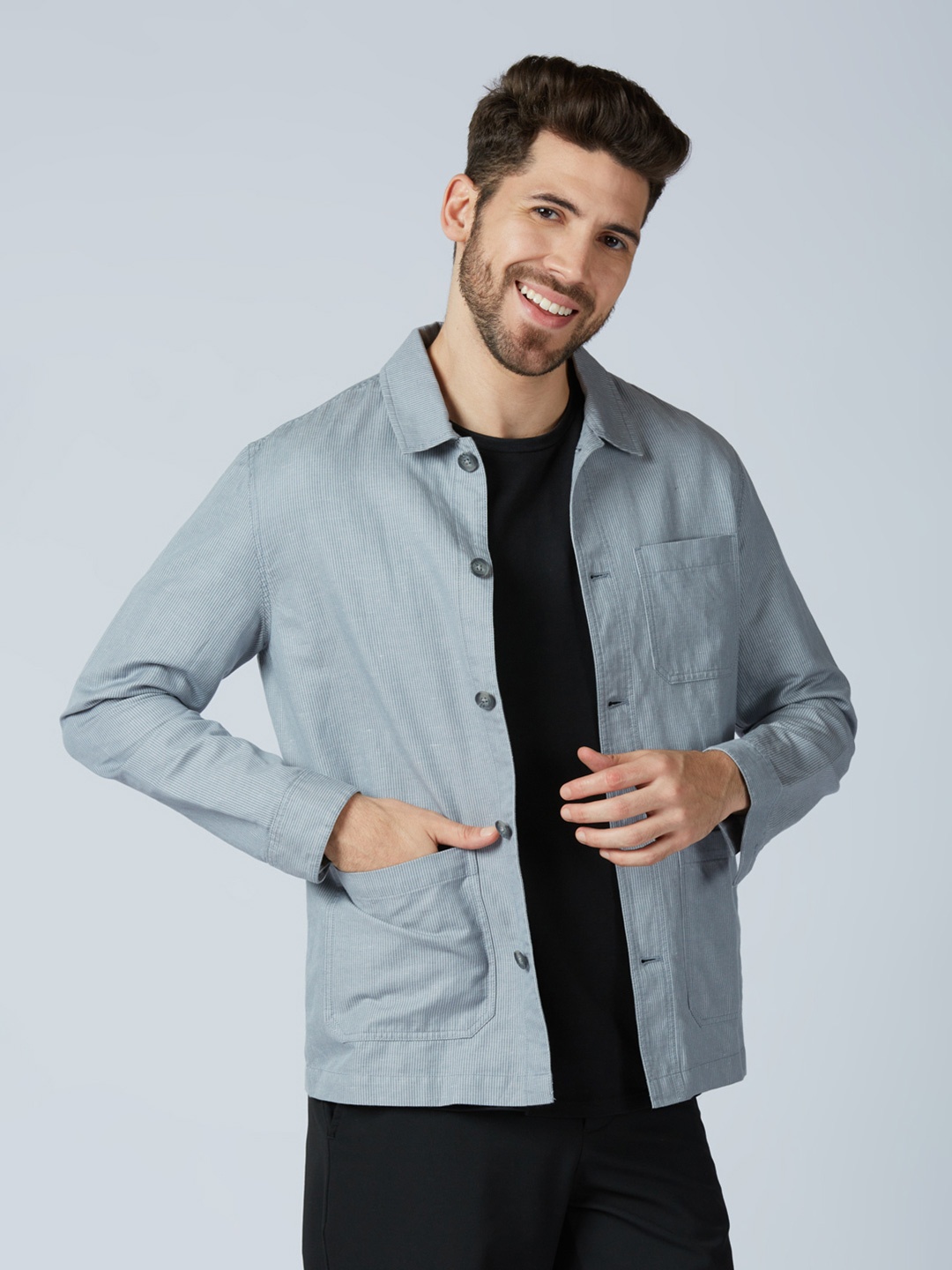 

ONEMILE Men Washed Striped without Denim Jacket, Grey