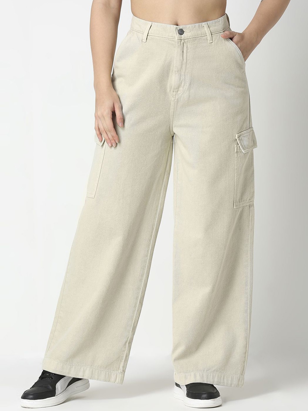 

HJ HASASI Women Wide Leg High-Rise Jeans, Off white