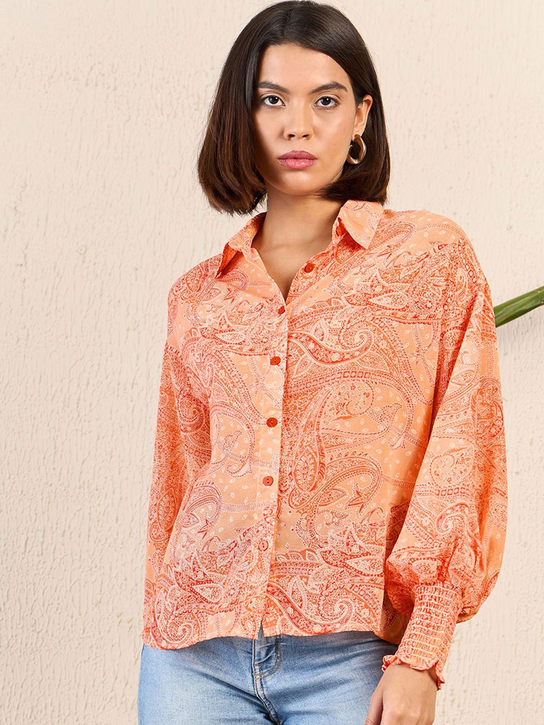 

RARE Women Opaque Printed Casual Shirt, Orange