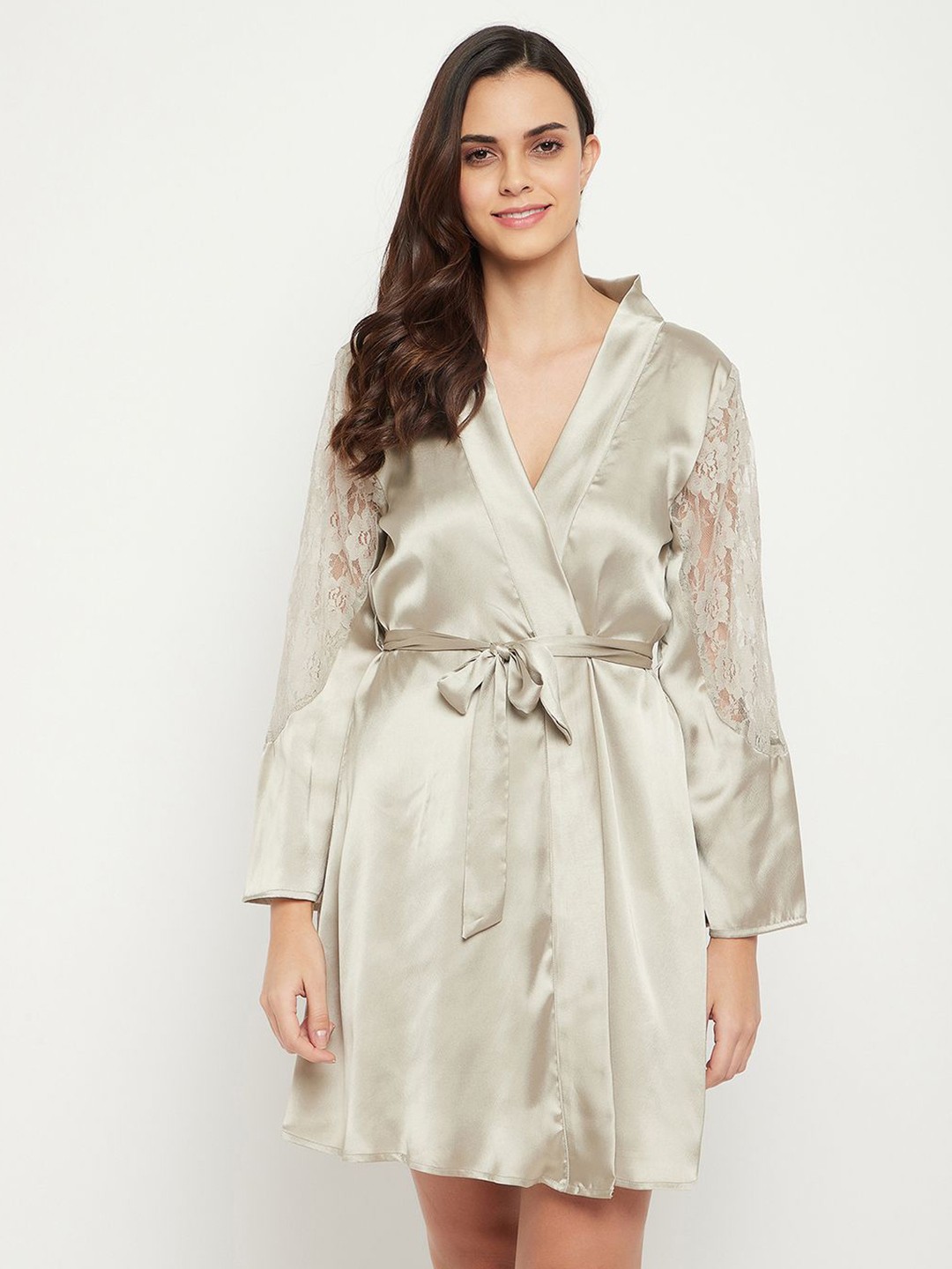 

Clovia Women Satin Shoulder Straps Nightdress With Robe, Grey