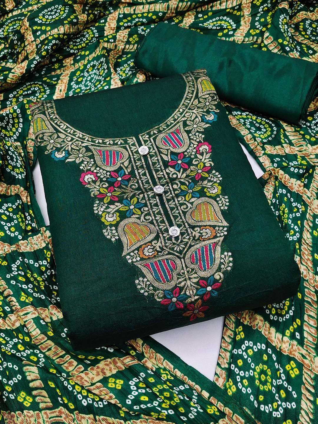

KIMISHA Floral Woven Design Zari Unstitched Dress Material, Green