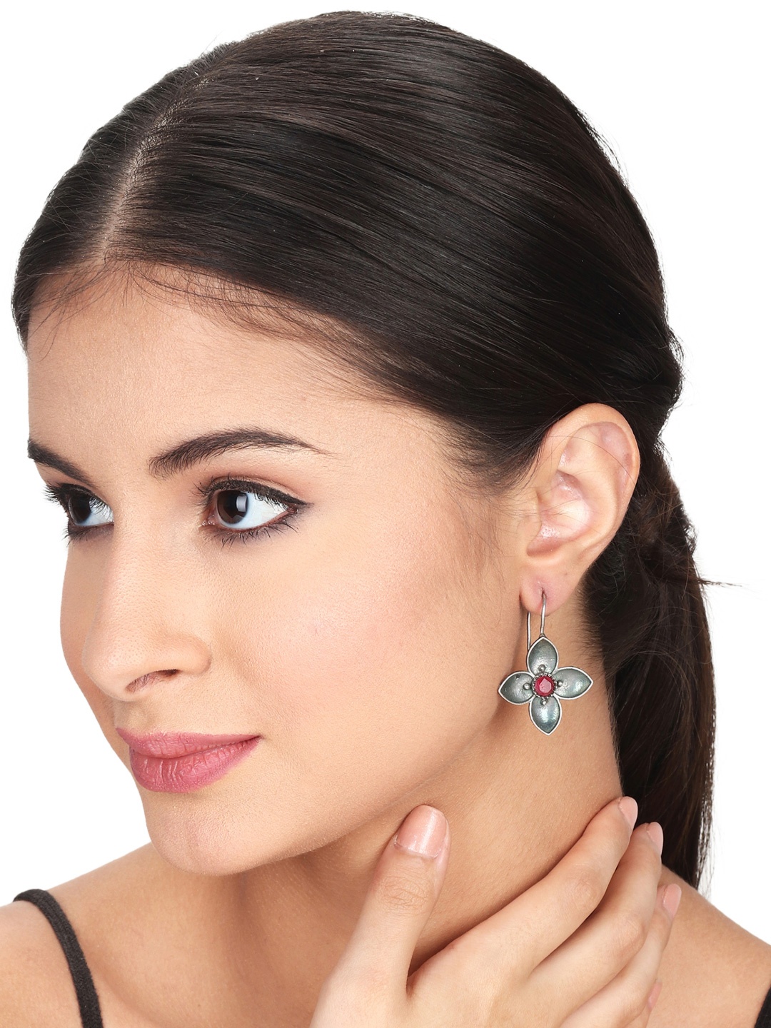 

Anvik Silver Plated Stone Studded Contemporary Oxidised Drop Earrings