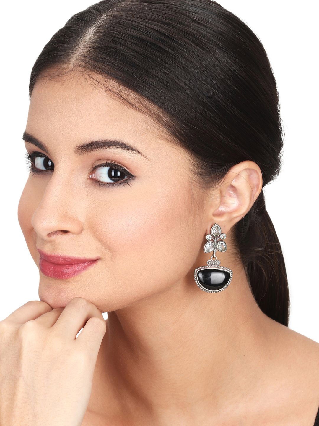 

Anvik Silver Plated American Diamond Contemporary Oxidised Drop Earrings