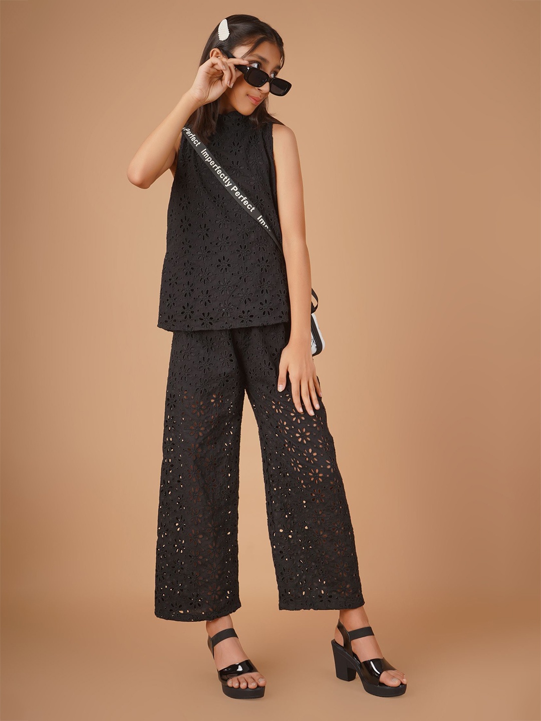 

Unique Designers Girls Self Design High Neck Top with Palazzos, Black