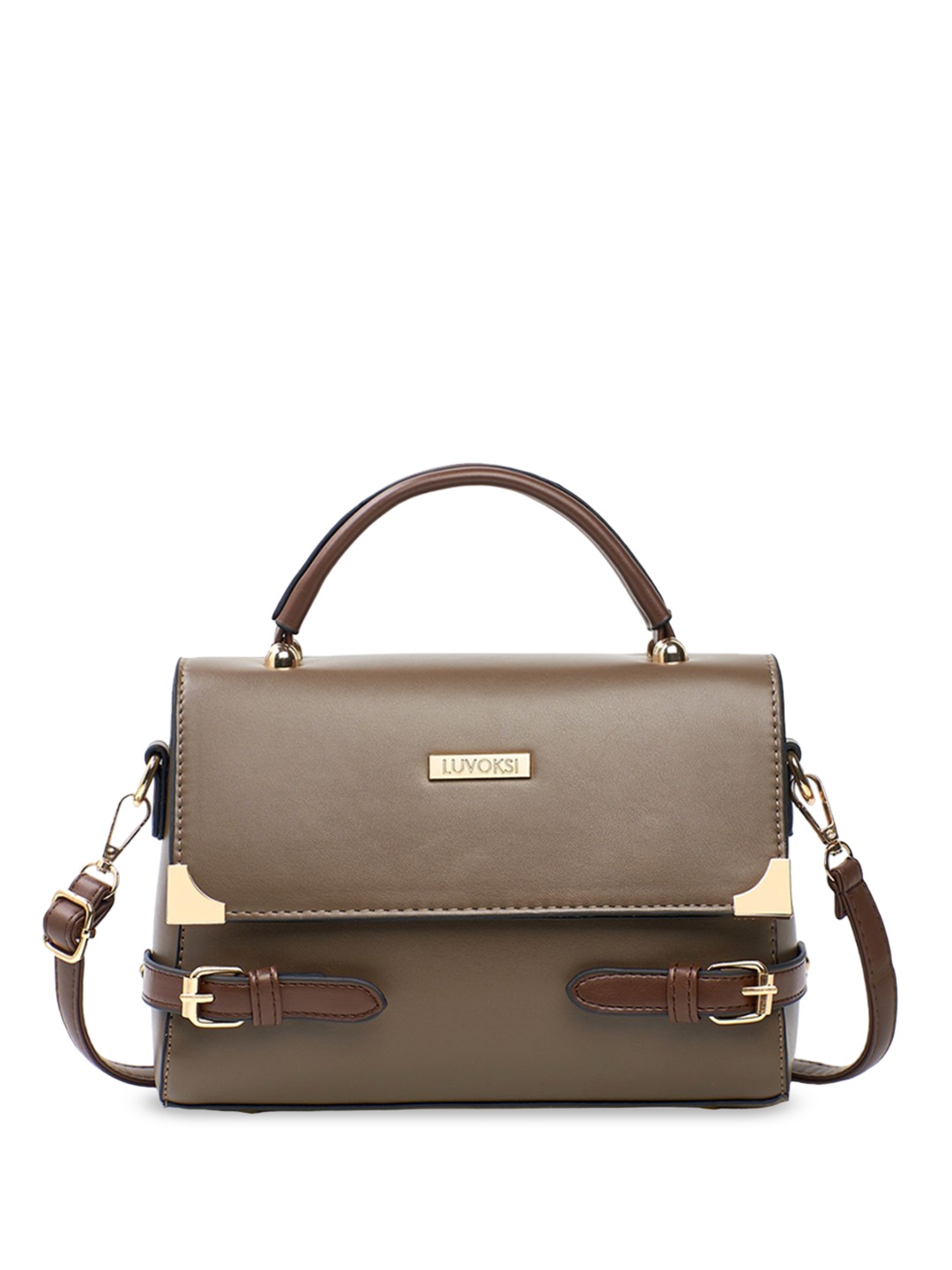 

Luvoksi Colourblocked PU Structured Satchel with Tasselled, Coffee brown