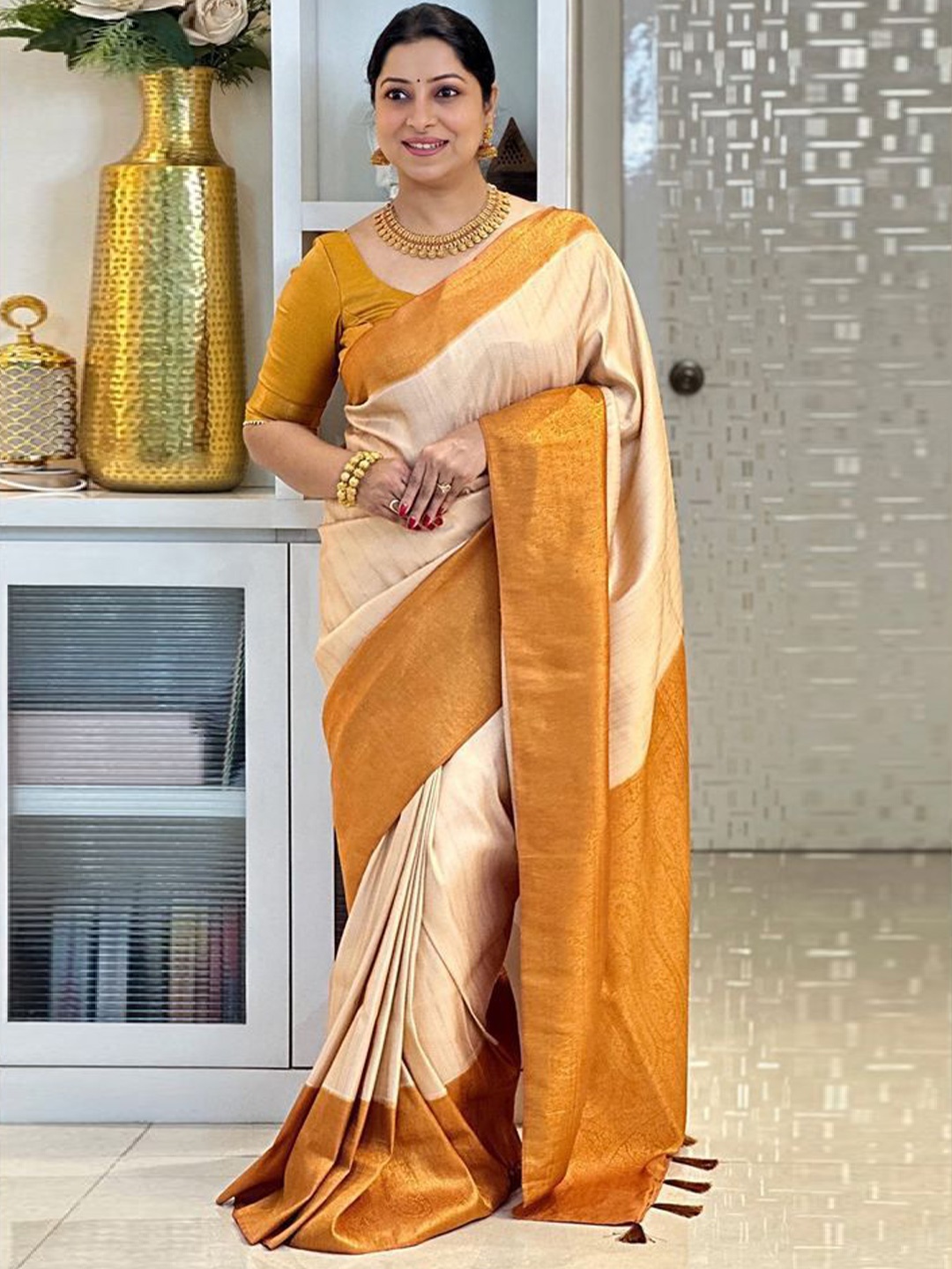 

V3 FASHION STUDIO Zari Woven Striped Design Banarasi Saree, Orange