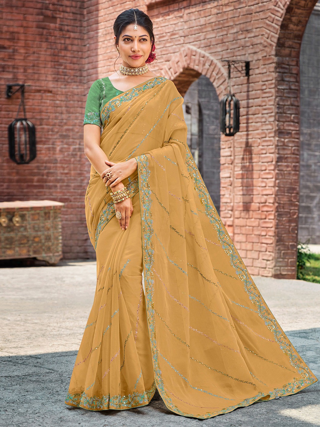 

Laxmipati Ethnic Motif Sequinned Embroidered Saree, Mustard