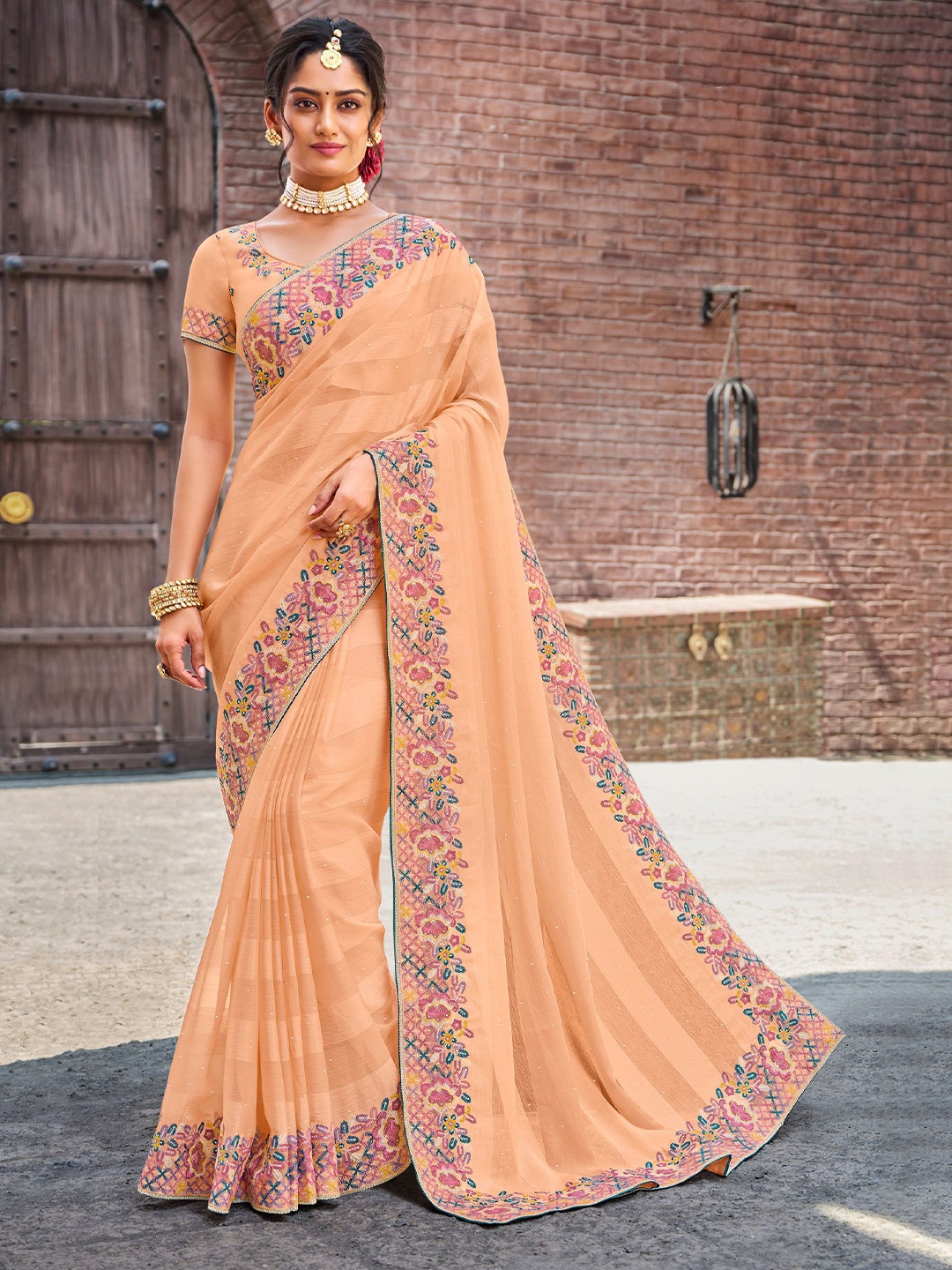 

Laxmipati Ethnic Motif Embroidered Border Sequinned Striped Saree, Peach