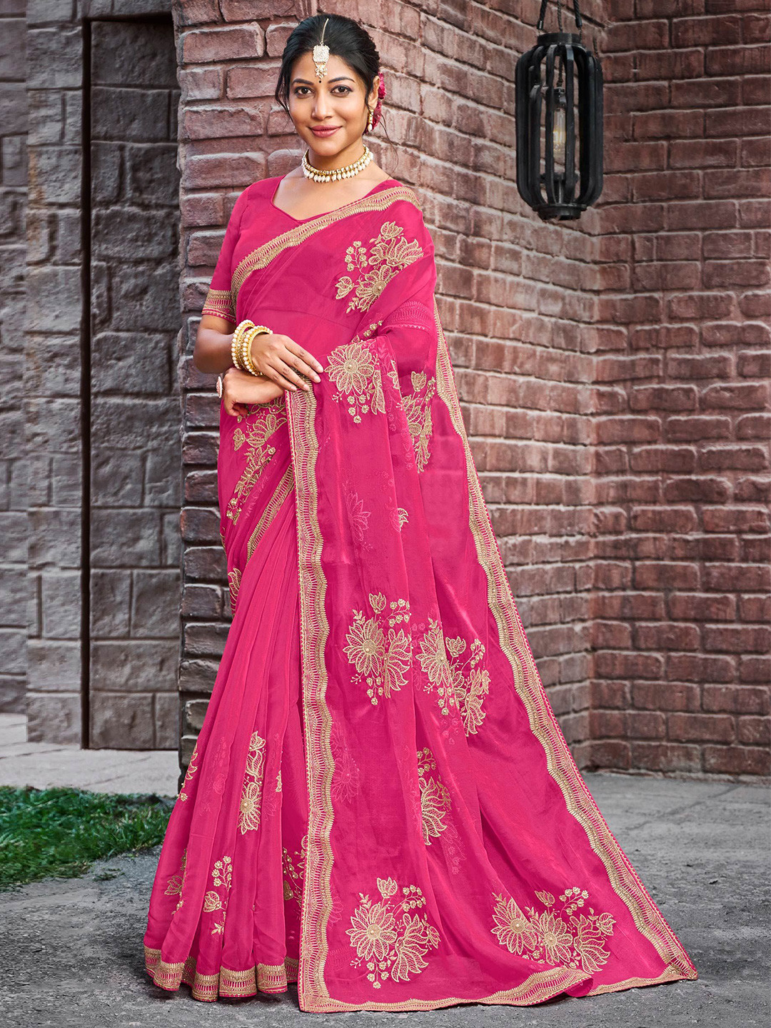 

Laxmipati Floral Embroidered Organza Designer Saree, Pink