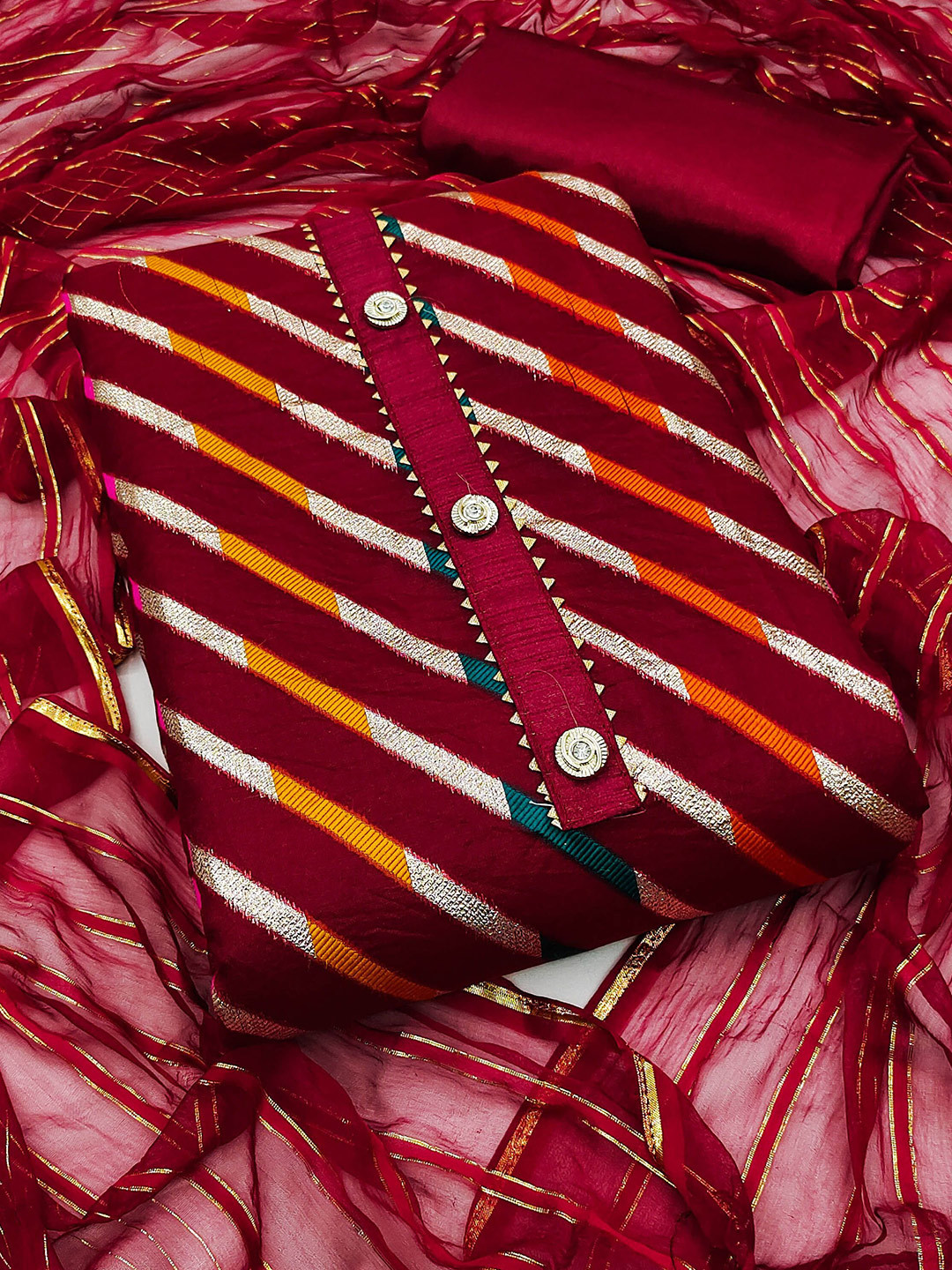 

KIMISHA Leheriya Woven Design Zari Unstitched Dress Material, Maroon