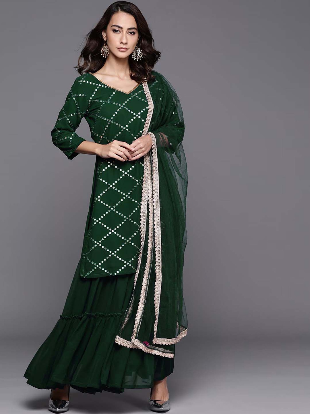 

Fashion Basket Embroidered Sequined Straight Georgette Kurta with Sharara & Dupatta, Green