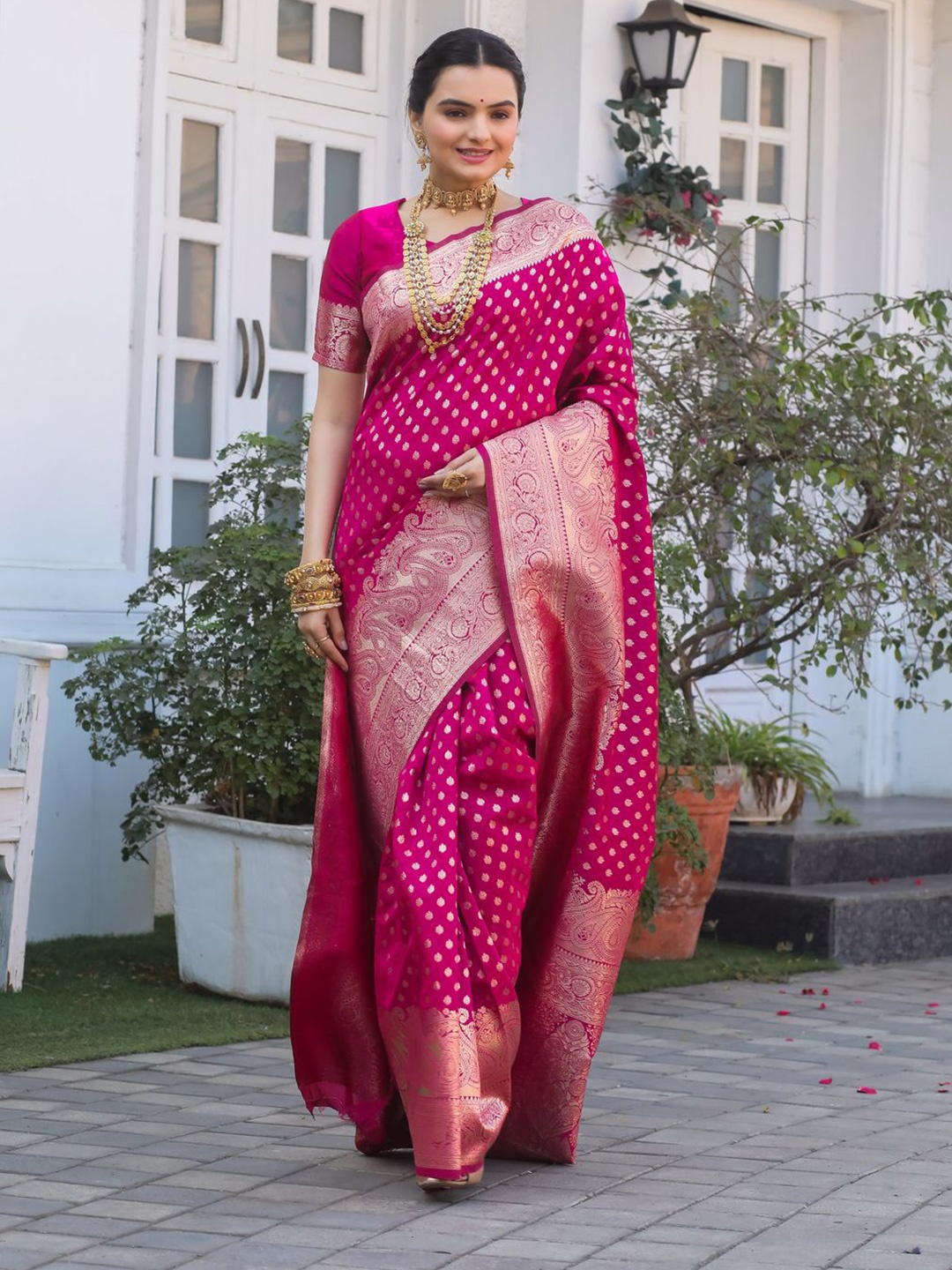 

COSBILA FASHION Ethnic Motifs Zari Banarasi Saree, Pink