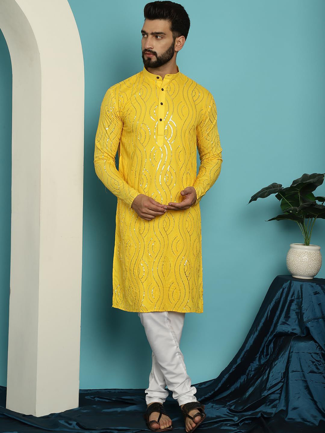 

Murta Trends Geometric Embroidered Mandarin Collar Sequinned Straight Kurta With Trousers, Yellow