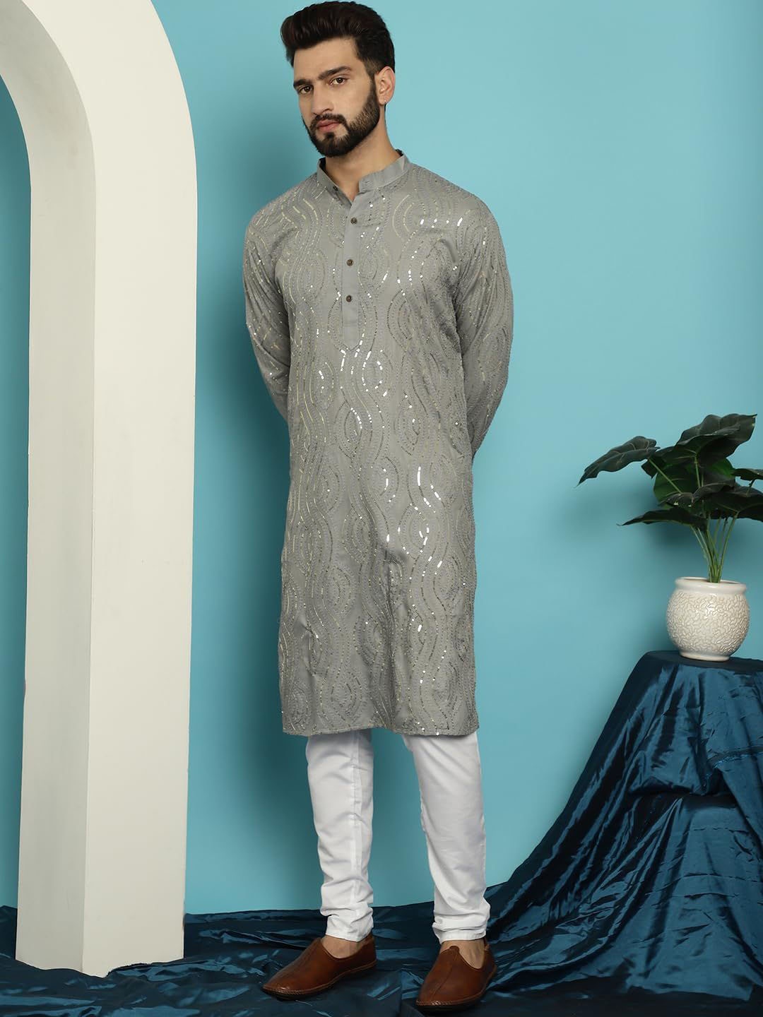 

Murta Trends Floral Embroidered Regular Sequinned Straight Kurta With Pyjamas, Grey