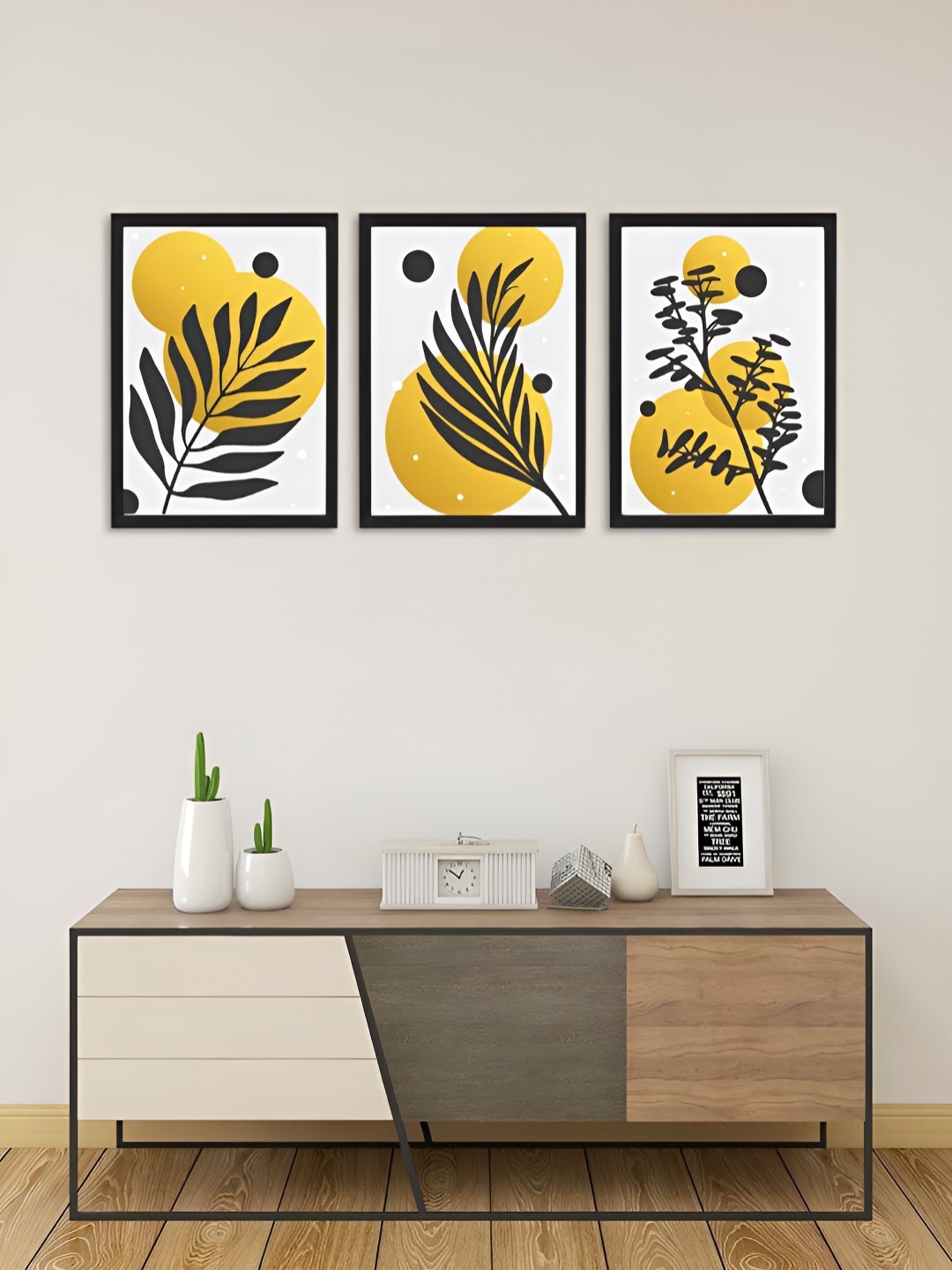 Giftii White & Black 3 Pieces Printed Wooden Framed Wall Art