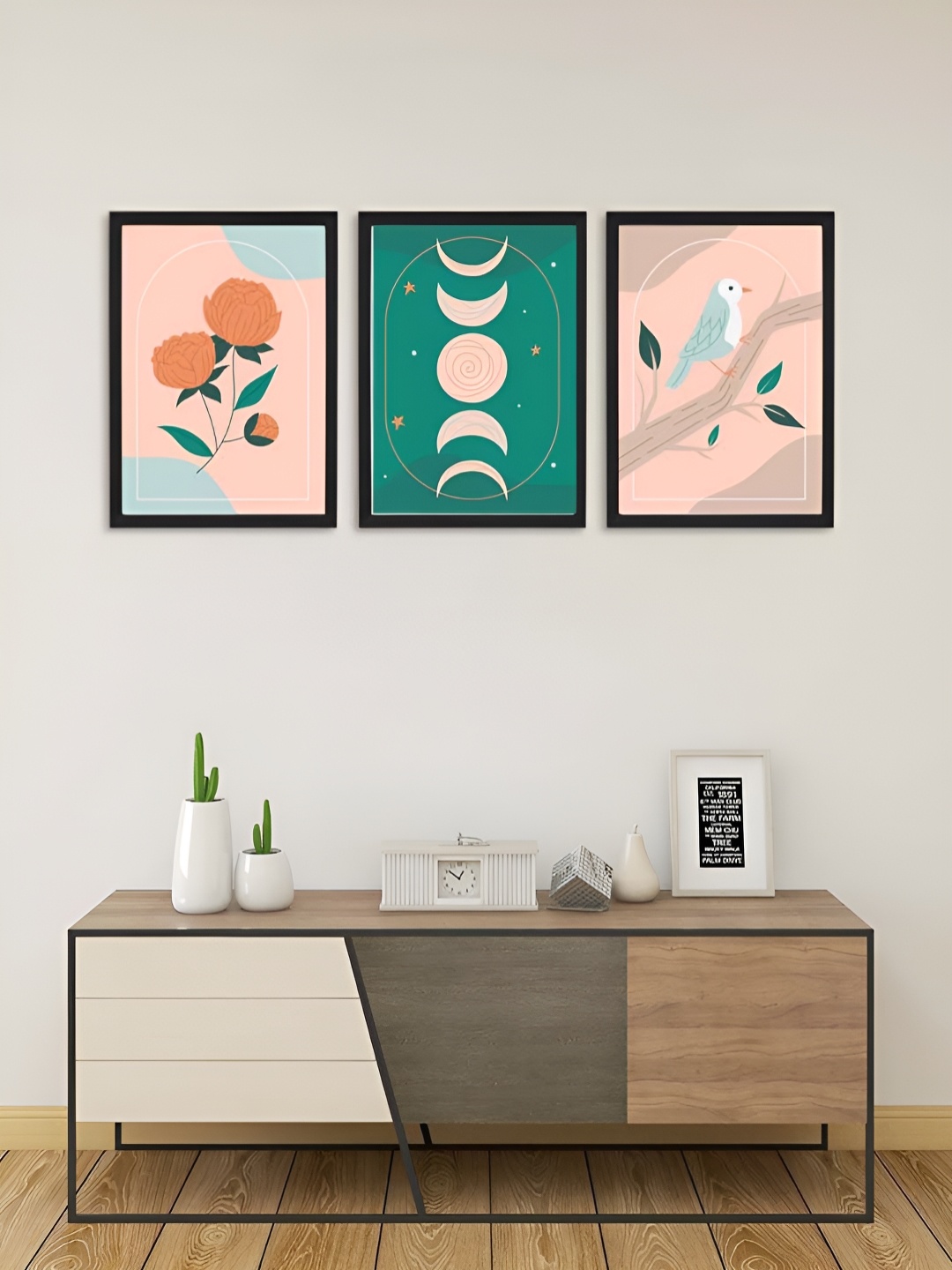 Giftii Green & Pink 3 Pieces Printed Wooden Framed Wall Art