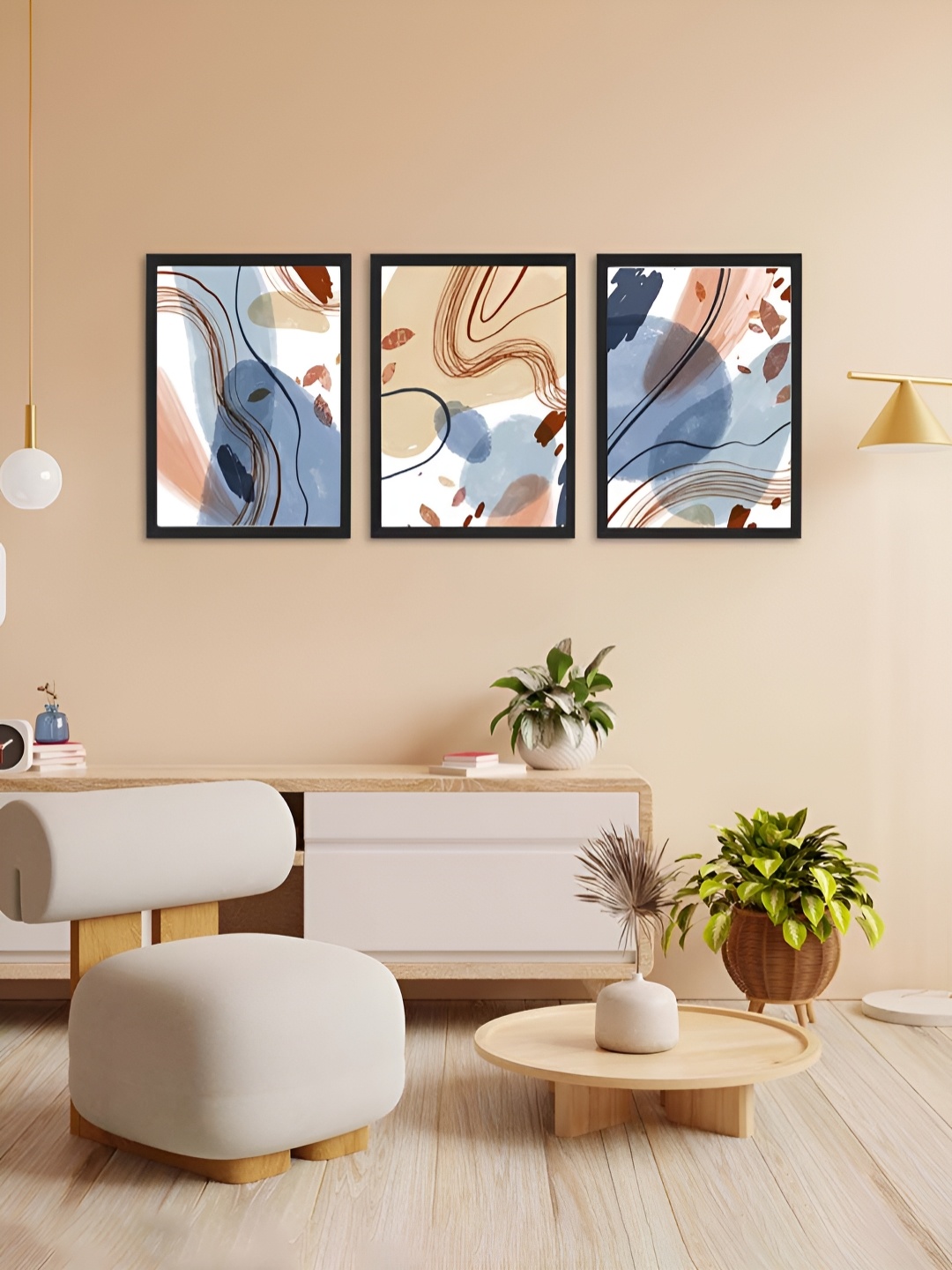 Giftii Blue & Beige 3 Pieces Printed Wooden Framed Wall Art