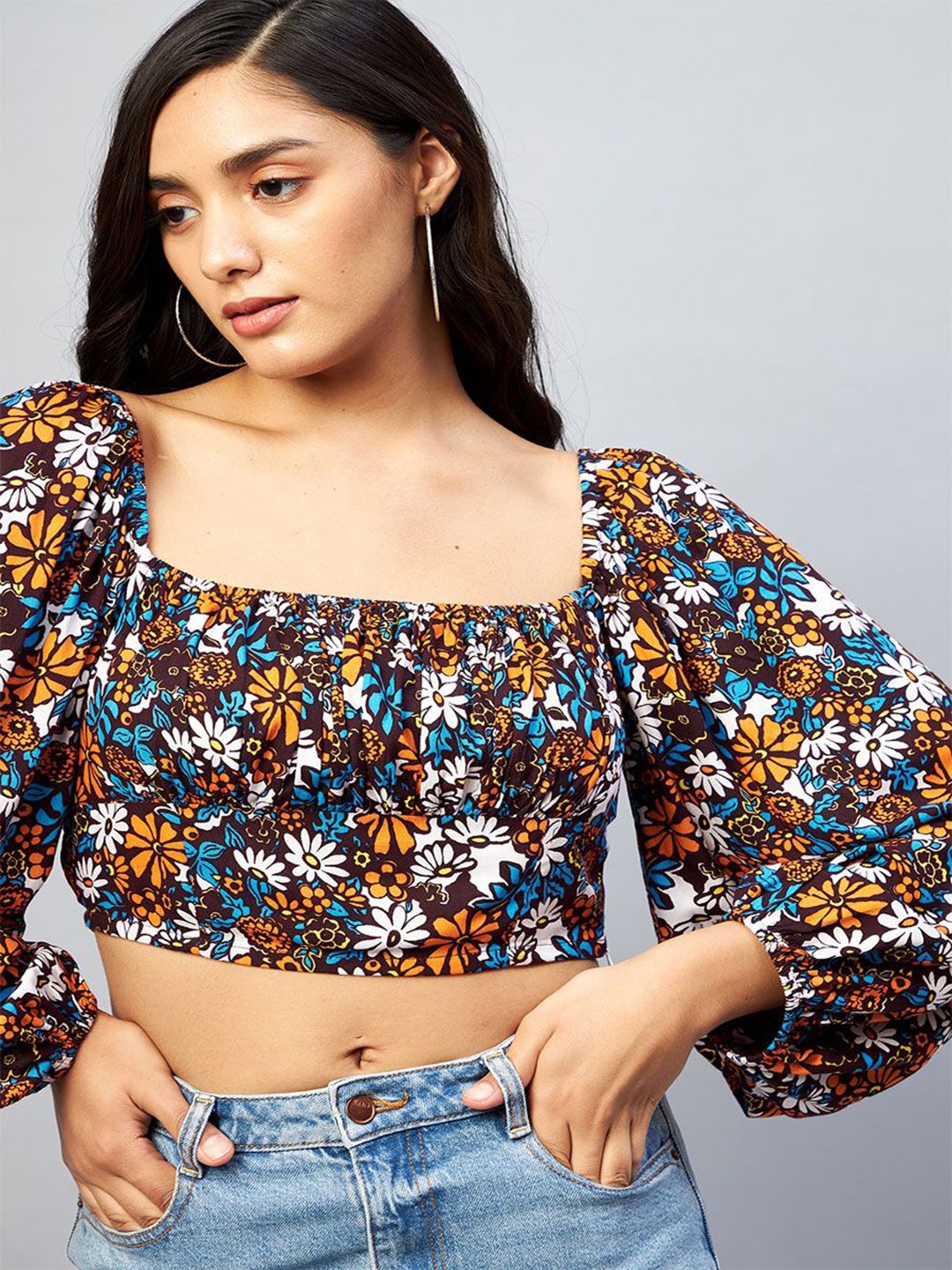 

DELAN Floral Print Puff Sleeve Crop Top, Brown
