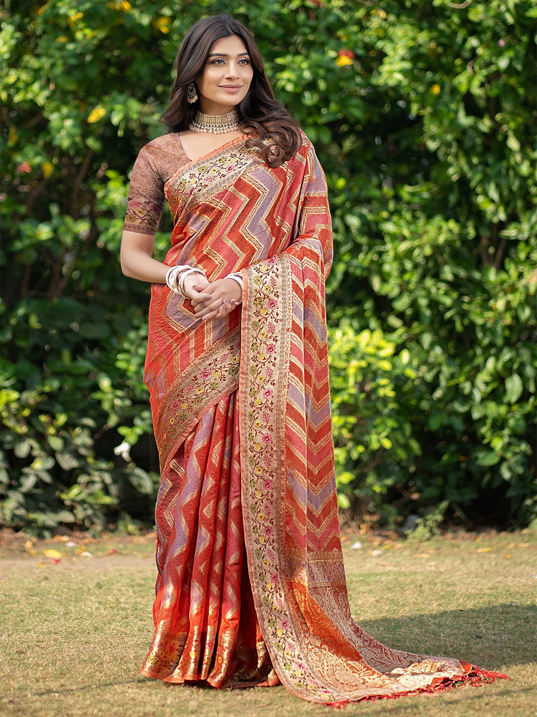 

HEER FASHION Woven Design Zari Organza Banarasi Saree, Orange