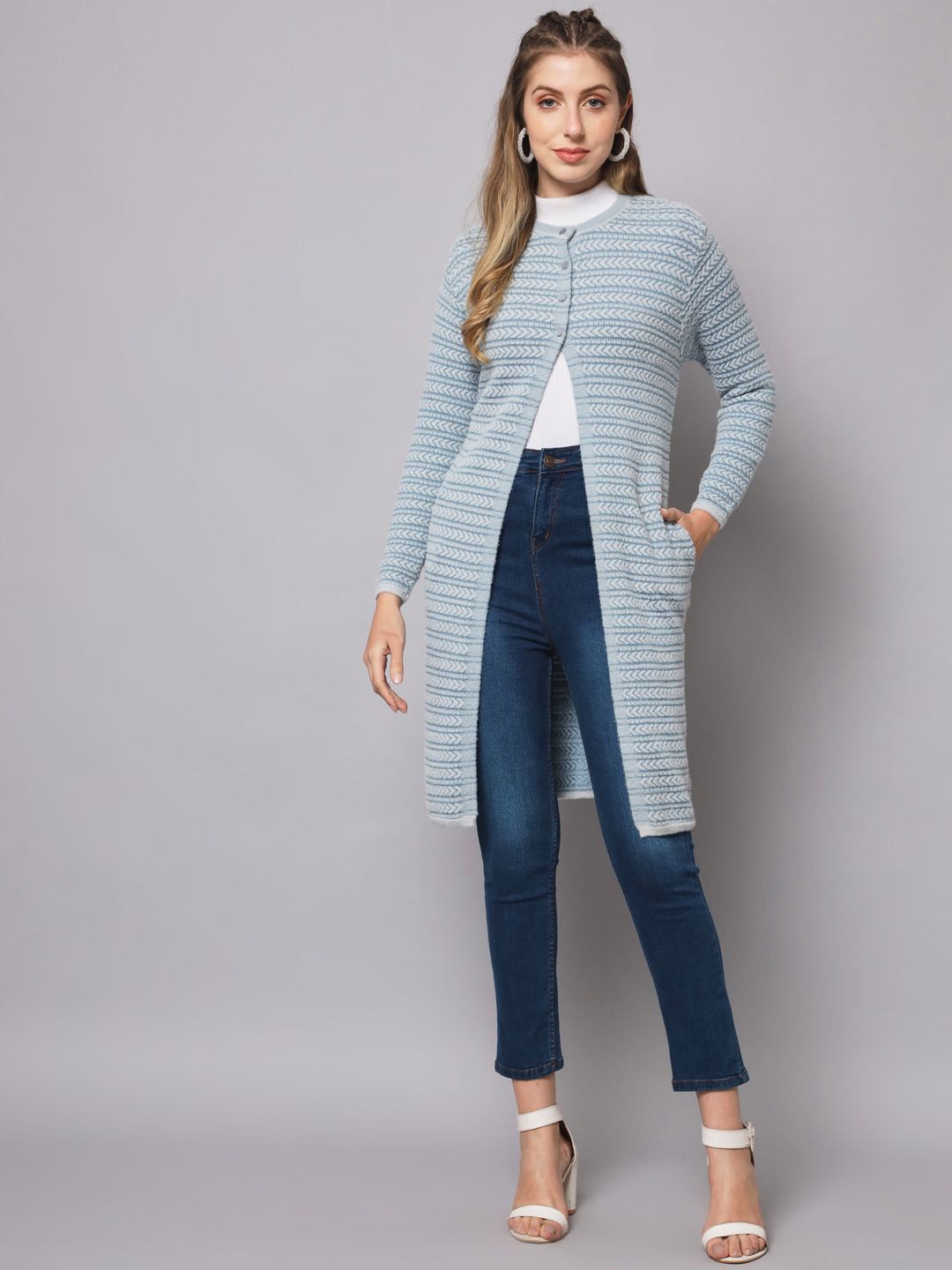 

Chemistry Women Striped Woollen Longline Cardigan, Turquoise blue