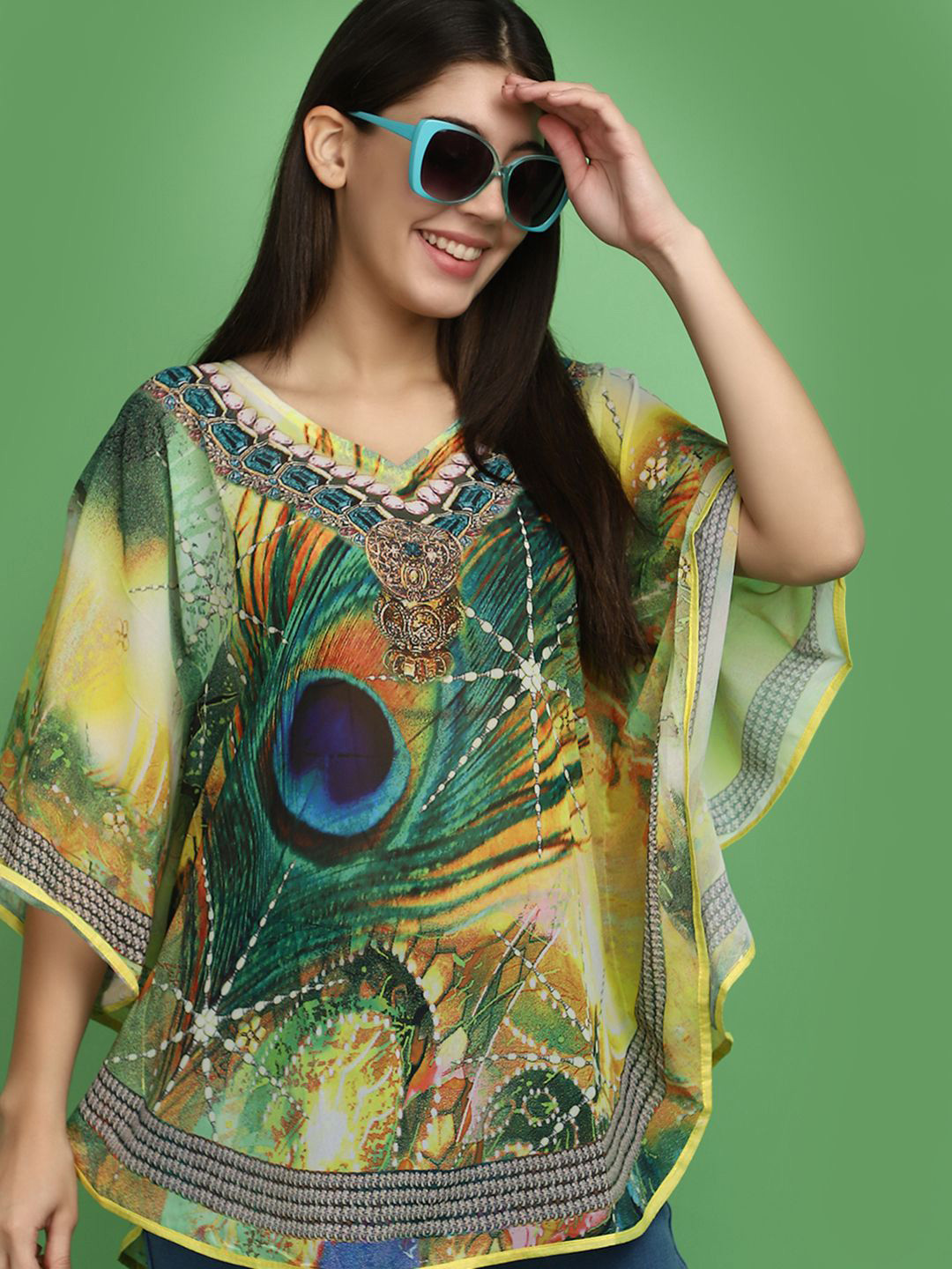 

V-Mart Abstract Print Batwing Sleeve Kaftan Top, Yellow