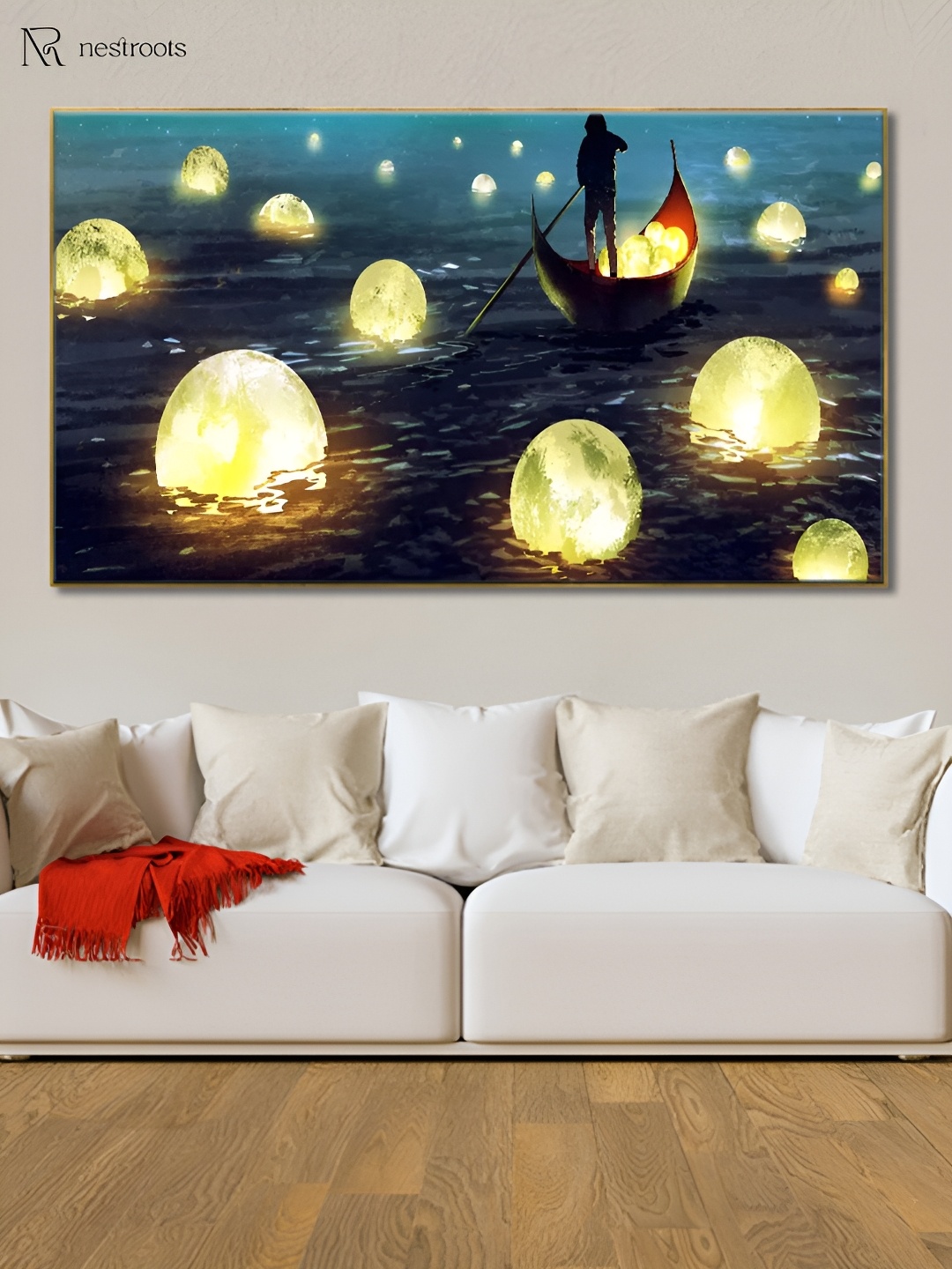 nestroots Blue & Yellow Boat & Water Canvas Framed Painting Wall Art