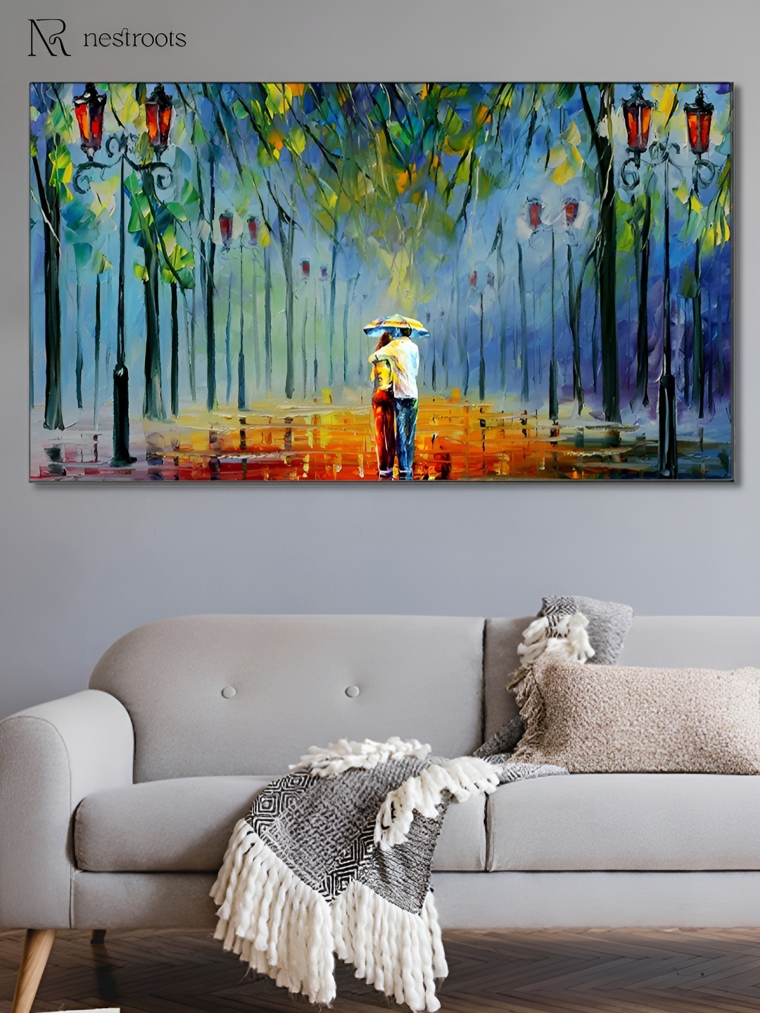 Nestroots Blue & Yellow Romantic Rainy Stroll Canvas Botanical Wall Art