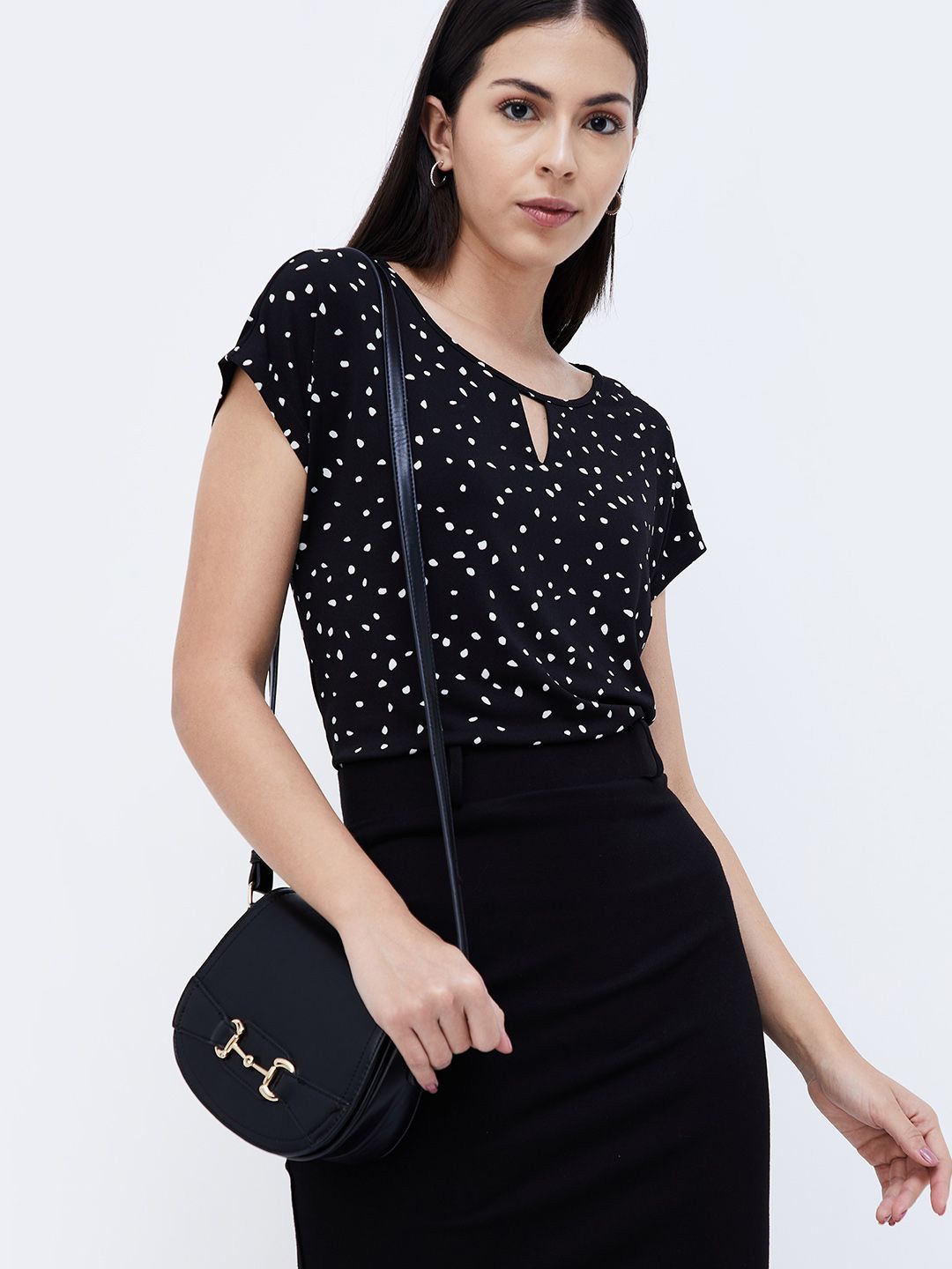 

CODE by Lifestyle Polka Dot Print Keyhole Neck Extended Sleeves Top, Black