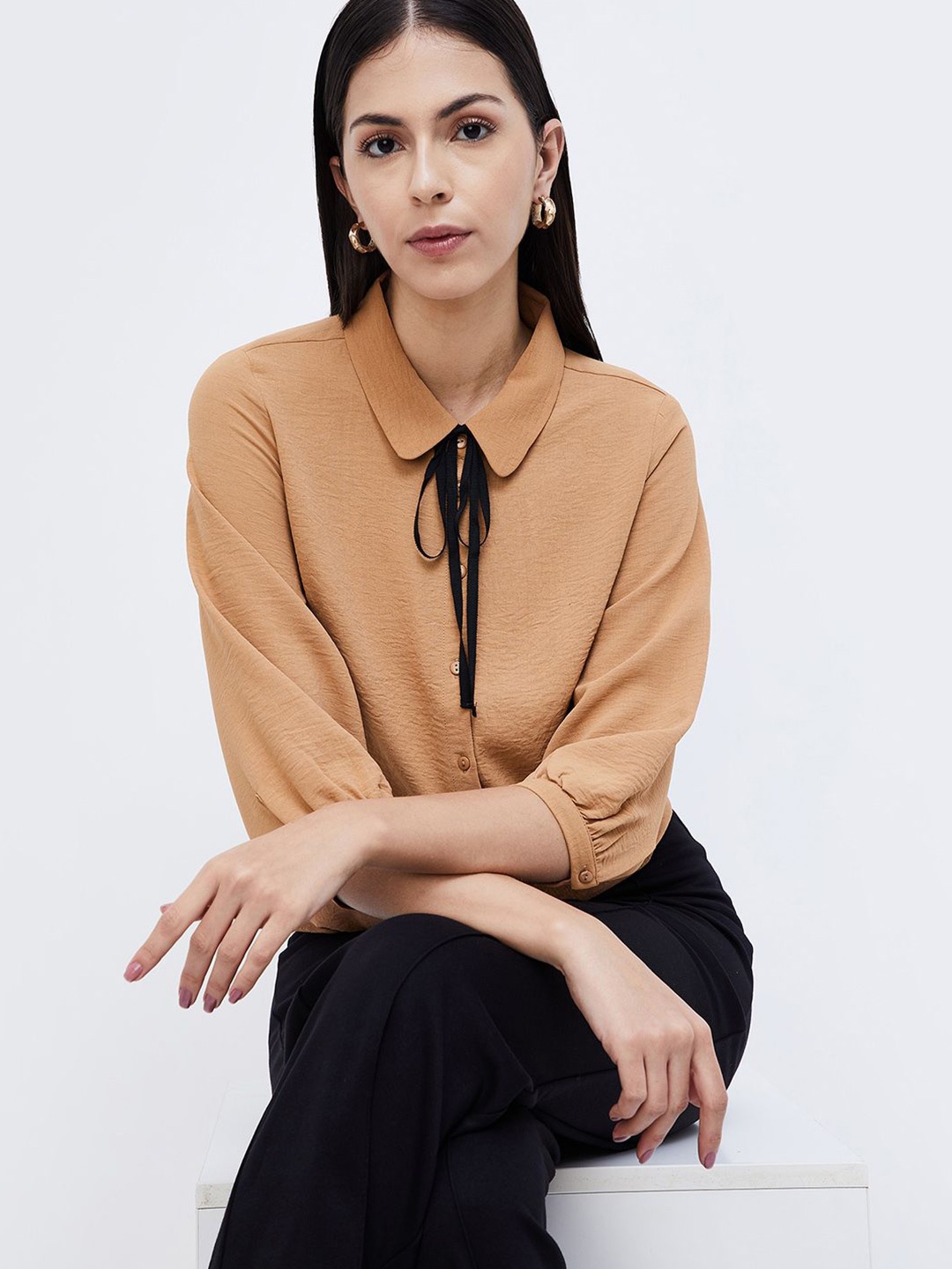 

CODE by Lifestyle Tie-Up Neck Top, Brown