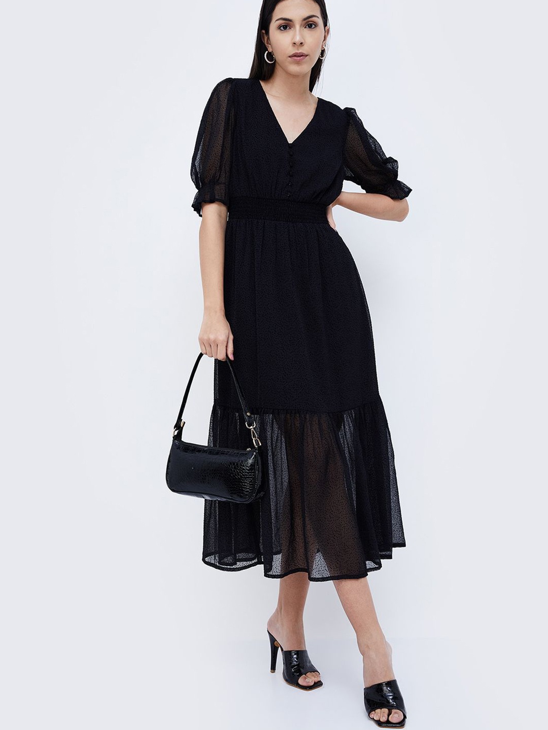 

CODE by Lifestyle Puff Sleeve Fit and Flare Midi Dress, Black