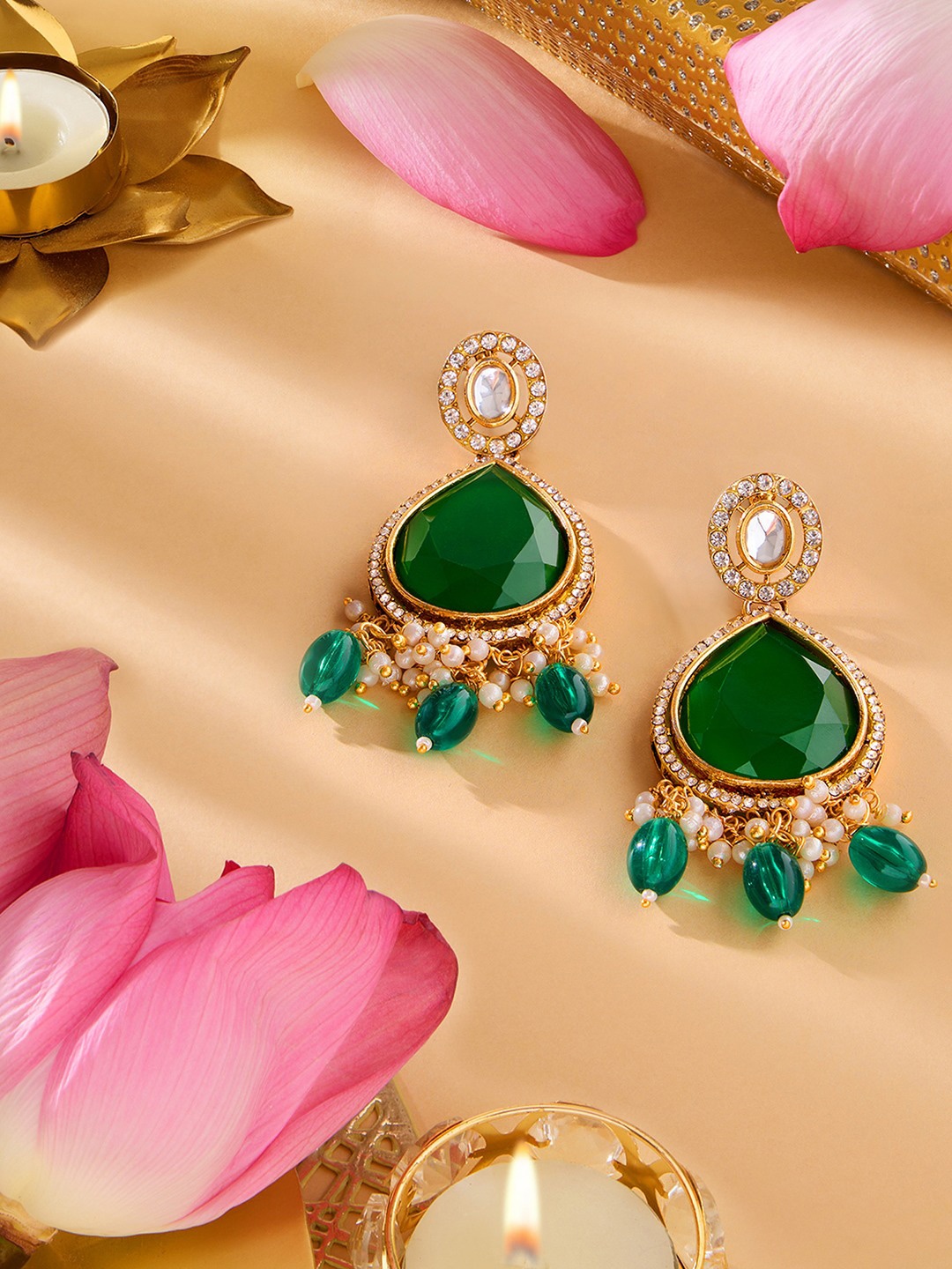 

Zaveri Pearls Gold-Plated Austrian Diamonds Studded & Beaded Drop Earrings
