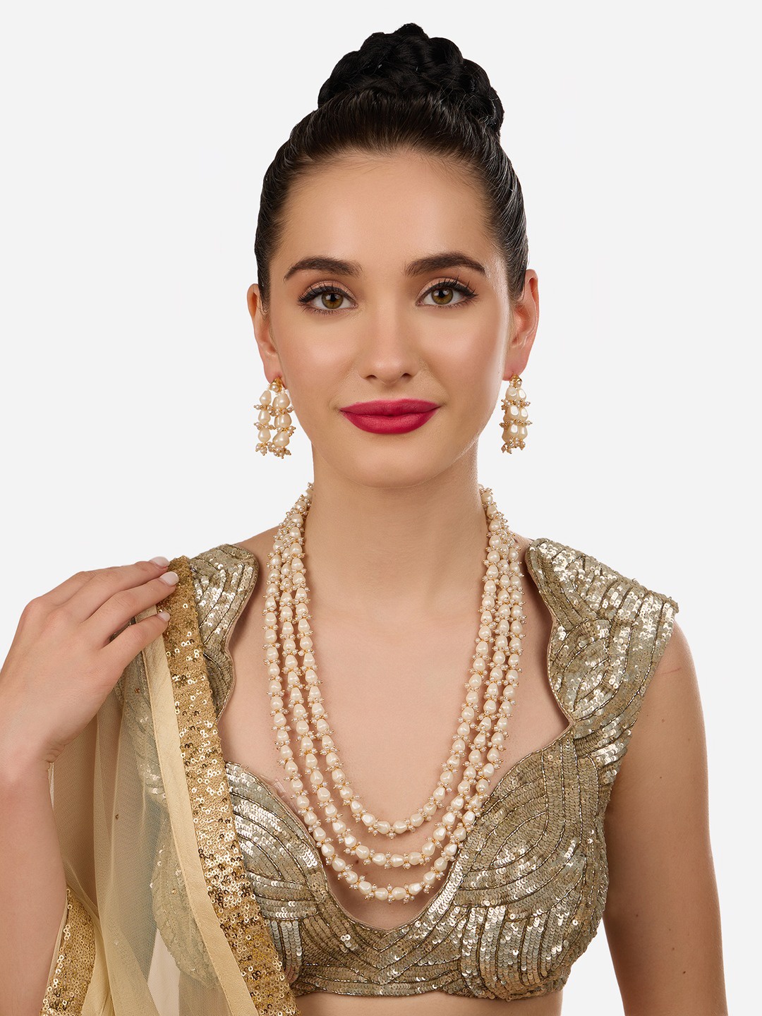 

Zaveri Pearls Gold-Plated Multilayer Cluster Beaded Jewellery Set