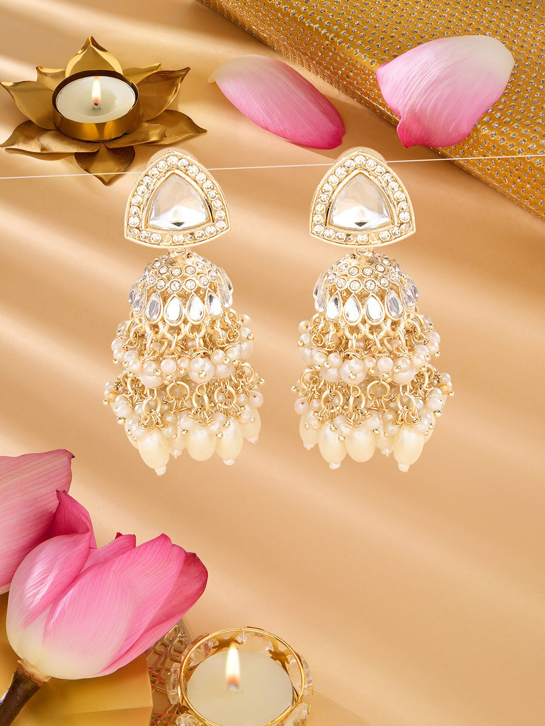 

Zaveri Pearls Gold-Plated Austrian Diamonds Studded & Beaded Drop Earrings