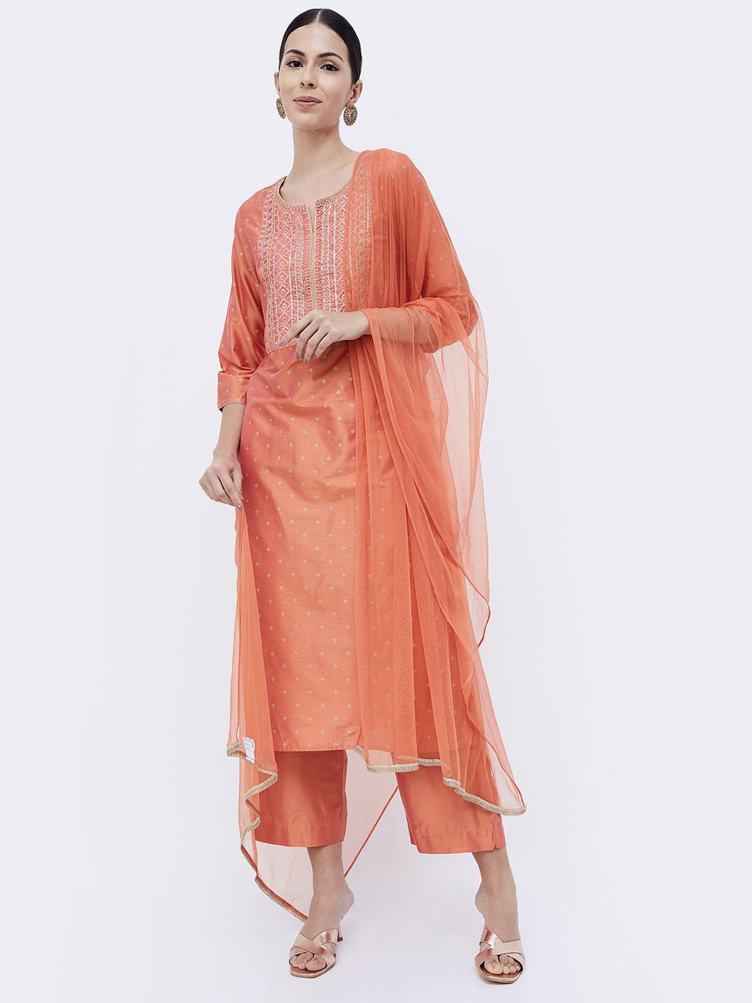 

Melange by Lifestyle Floral Embroidered Notch Neck Straight Kurta With Trousers & Dupatta, Orange