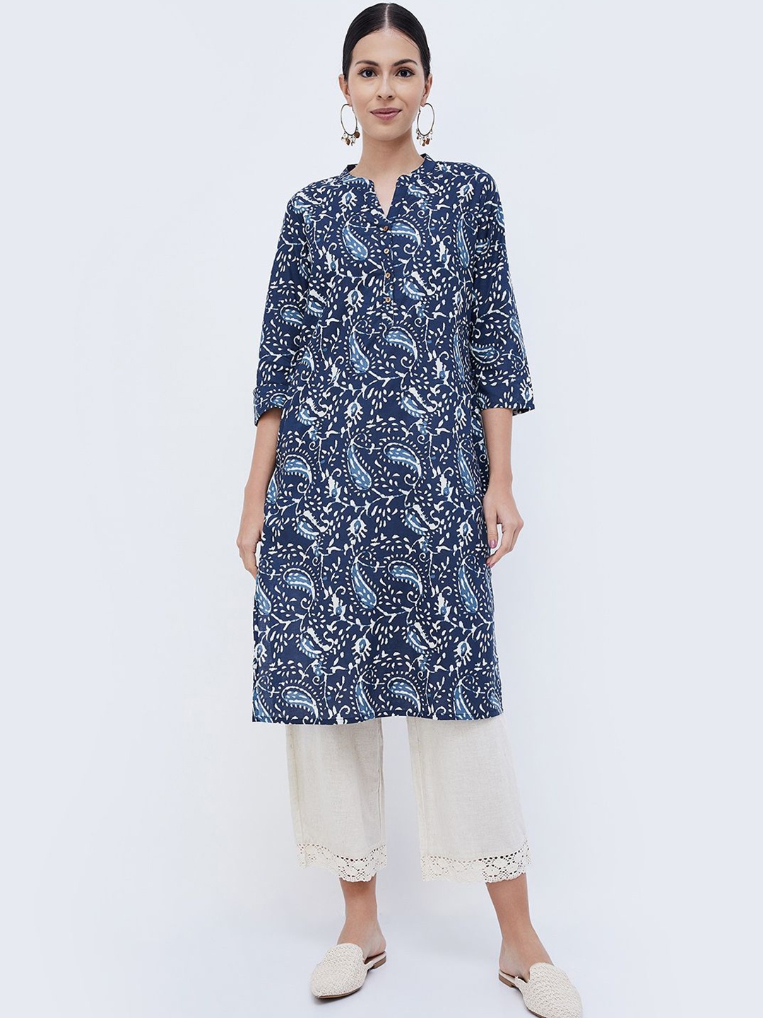 

Melange by Lifestyle Ethnic Motifs Printed Band Collar Cotton A-Line Kurta, Violet