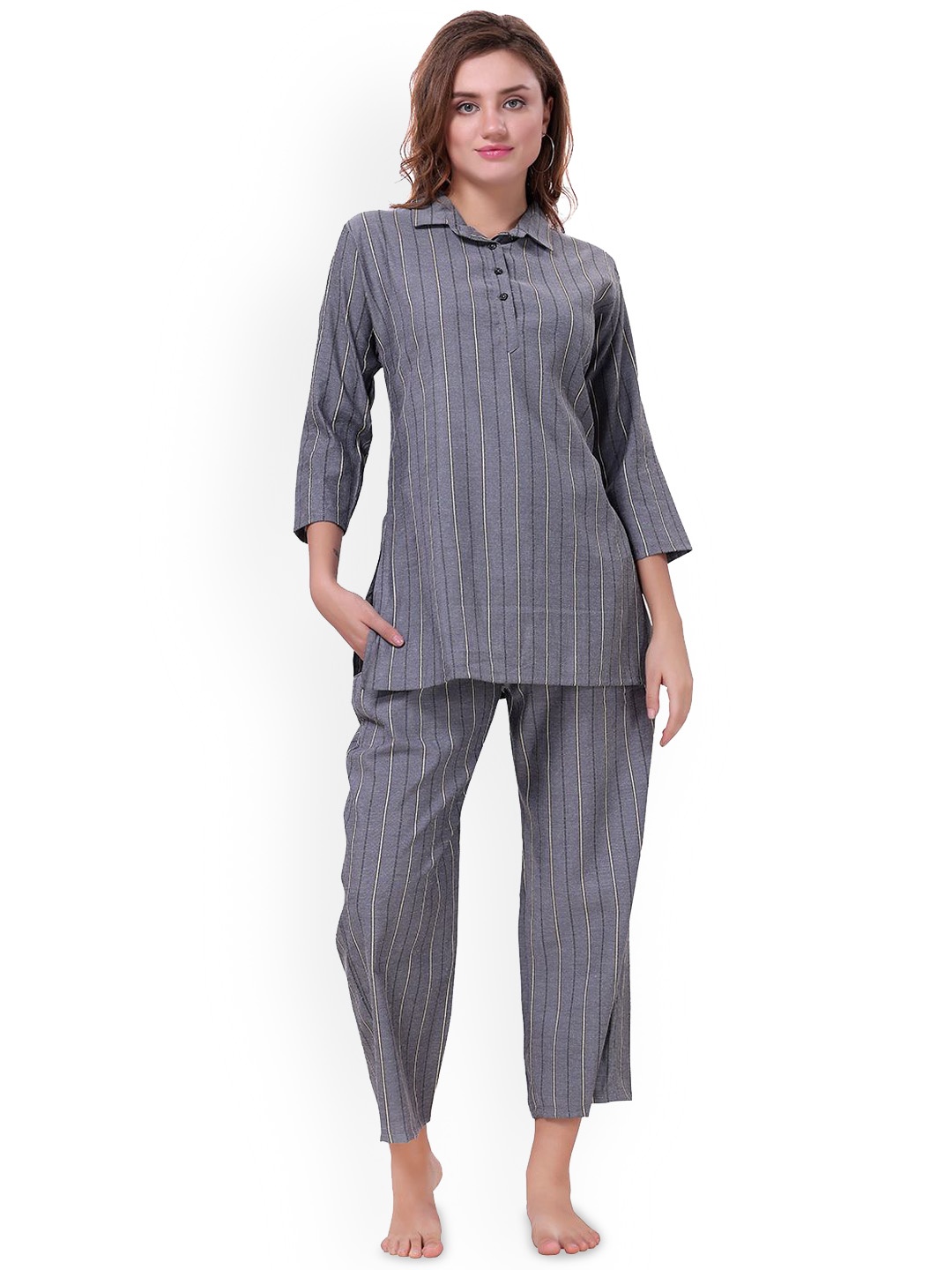 

NIGHT FLOSS Striped Pure Cotton Night Suit, Grey