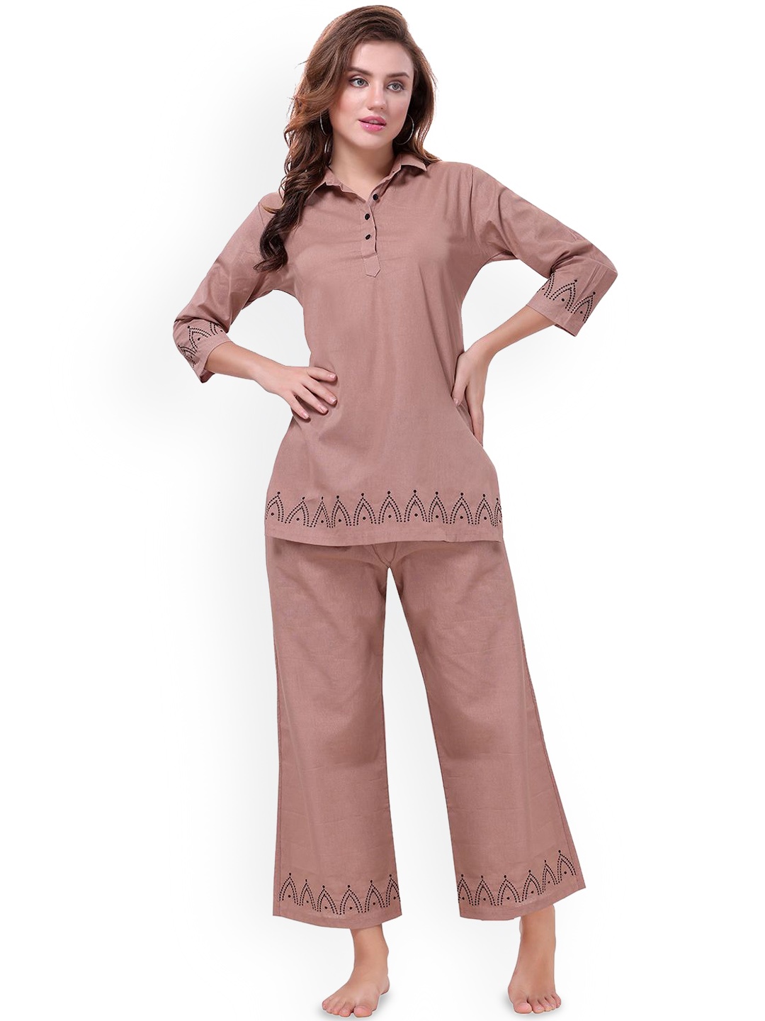 

NIGHT FLOSS Embroidered Detail Pure Cotton Night Suit, Copper